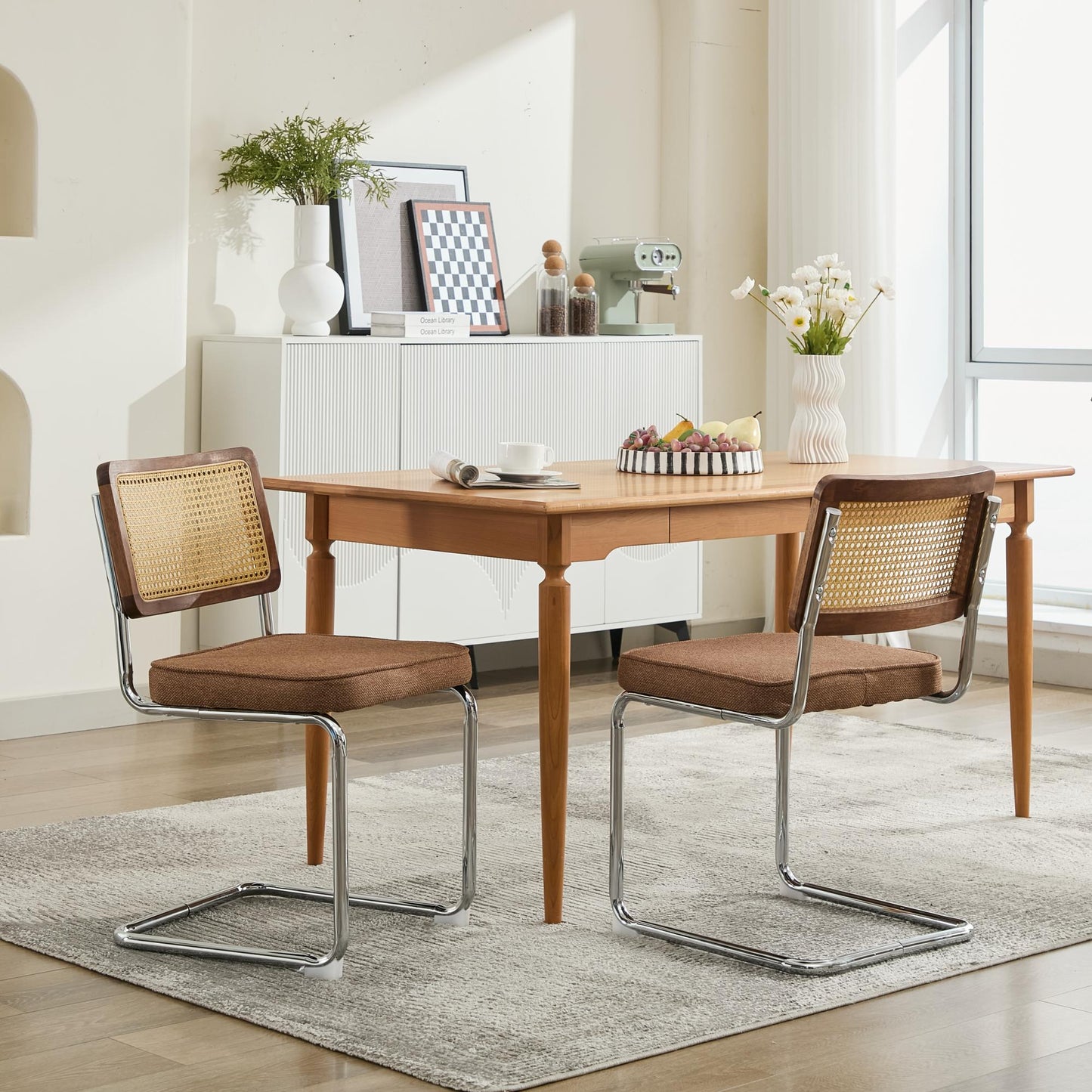 Dining Chairs Set of 2, Paproos Velvet Upholstered Dining Chairs, Mid Century Accent Chair Side Chair with Cane Back and Stainless Steel Chrome Legs, Dining Kitchen Living Room