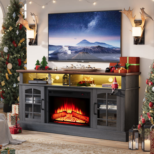 Fireplace TV Stand, Paproos Electric 58" TV Stand with Fireplace for 65 TVs, 1400w Farmhouse Fireplace Entertainment Center TV Console with Adjustable Shelf, 62°F - 82°F Heating Range, Brown