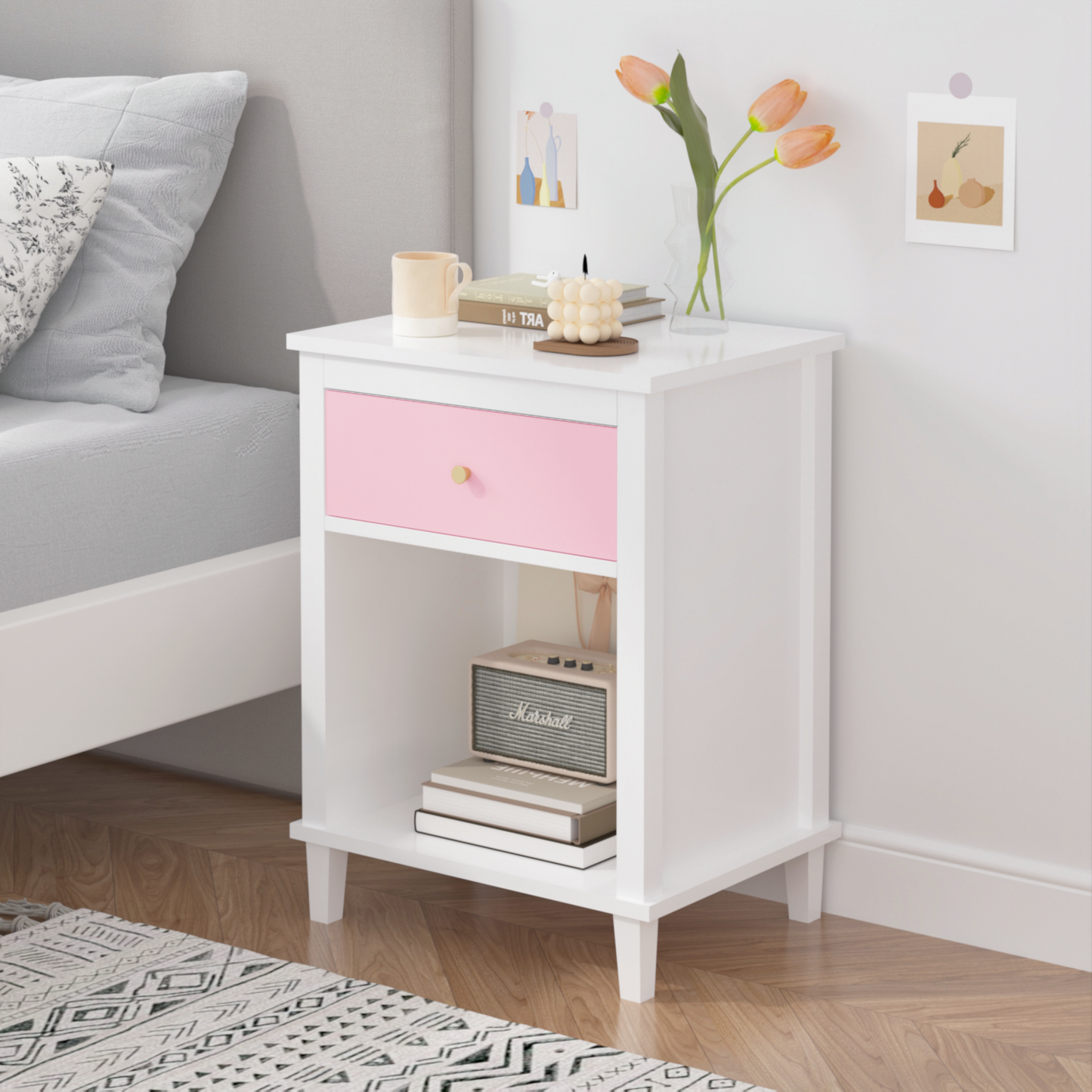 Nightstand, End Table Side Table with Wooden Drawer, Bedside Table for Bedroom, Closet, Dorm