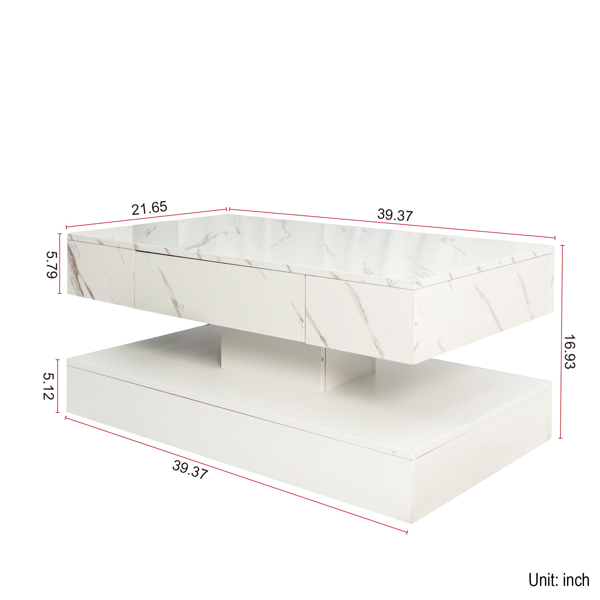 PAPROOS LED White Coffee Table 39" with 2 Drawers
