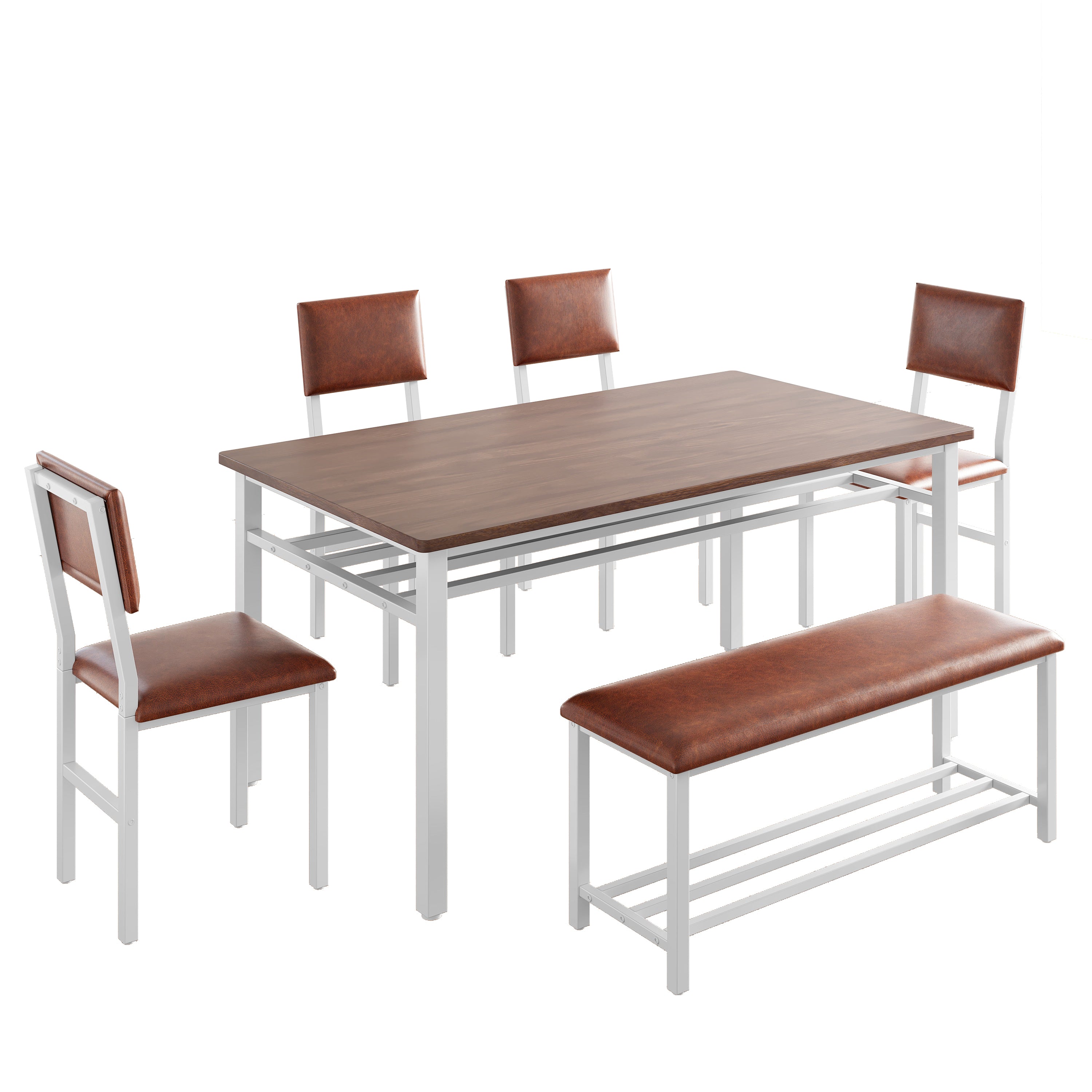 PAPROOS Dining Table Set for 6, 6 Piece Dining Room Set with Wooden Table Top, PU Leather Upholstery Chairs and Bench, Modern Dinette Sets for Big Family, Kitchen Table and Chairs Set, Rustic Brown