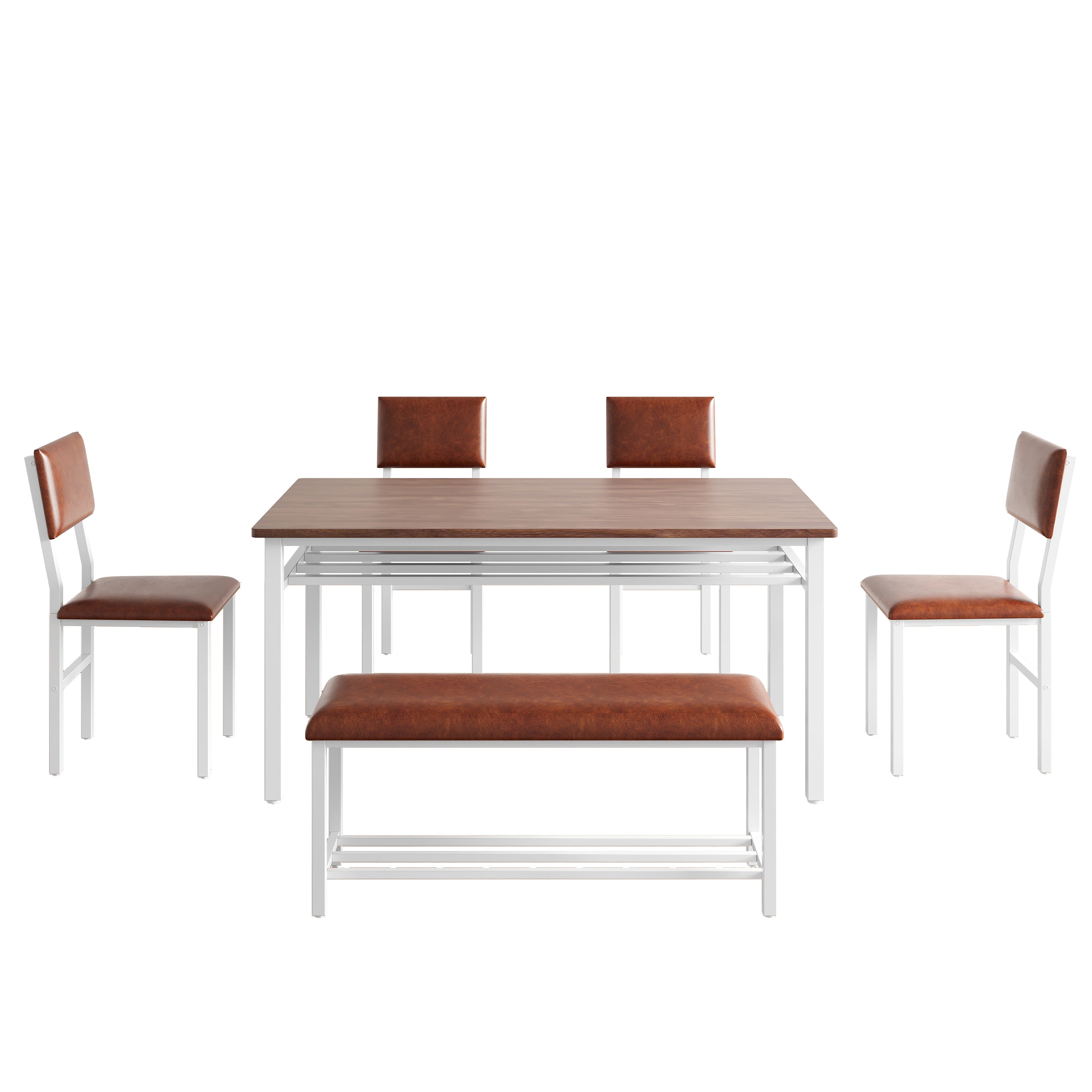 PAPROOS Dining Table Set for 6, 6 Piece Dining Room Set with Wooden Table Top, PU Leather Upholstery Chairs and Bench, Modern Dinette Sets for Big Family, Kitchen Table and Chairs Set, Rustic Brown