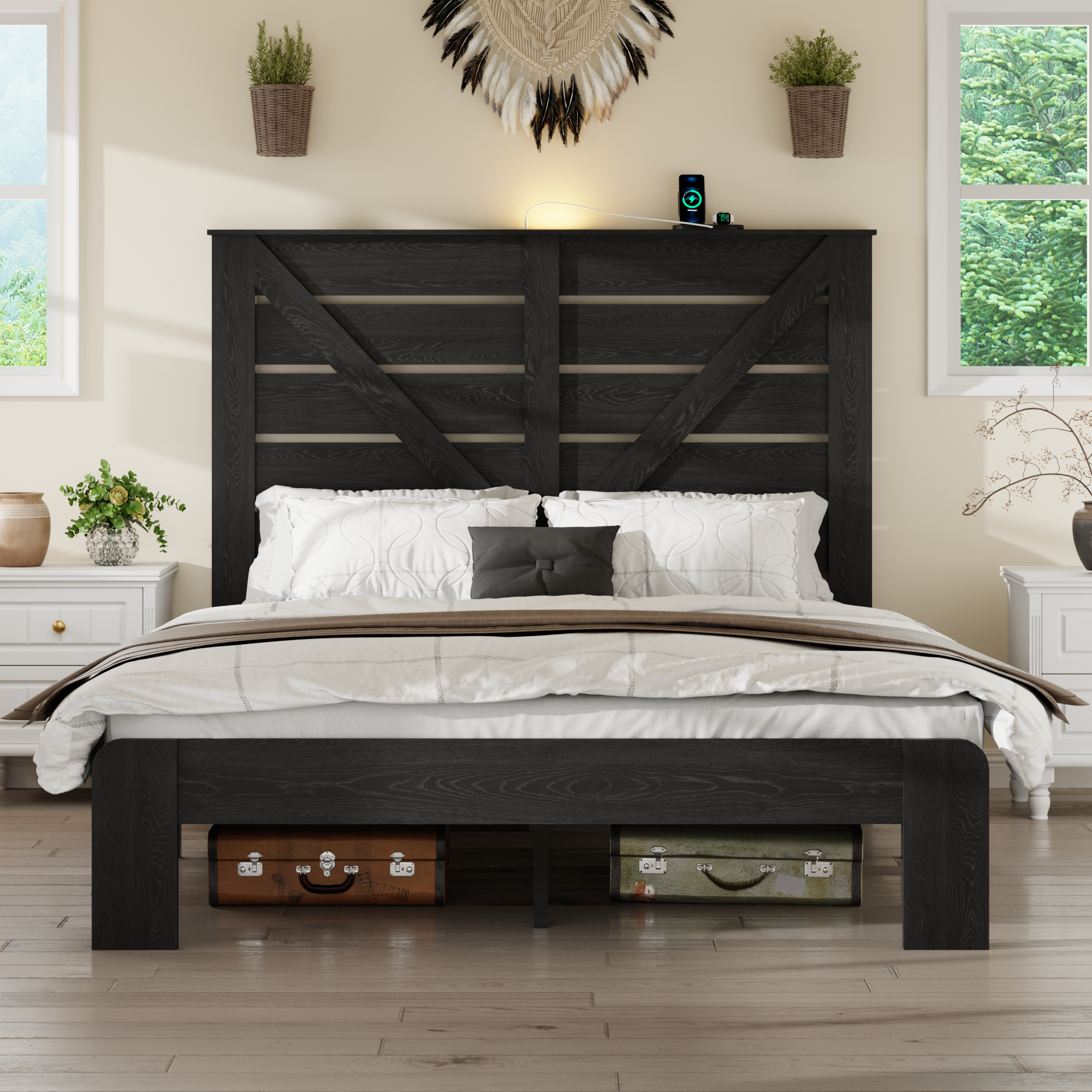 PAPROOS Queen Bed Frame with Headboard, Farmhouse Queen Bed with Charging Station and Touch Lamp, Wood Platform Bed with Metal Slats, No Box Spring Needed, Noise Free