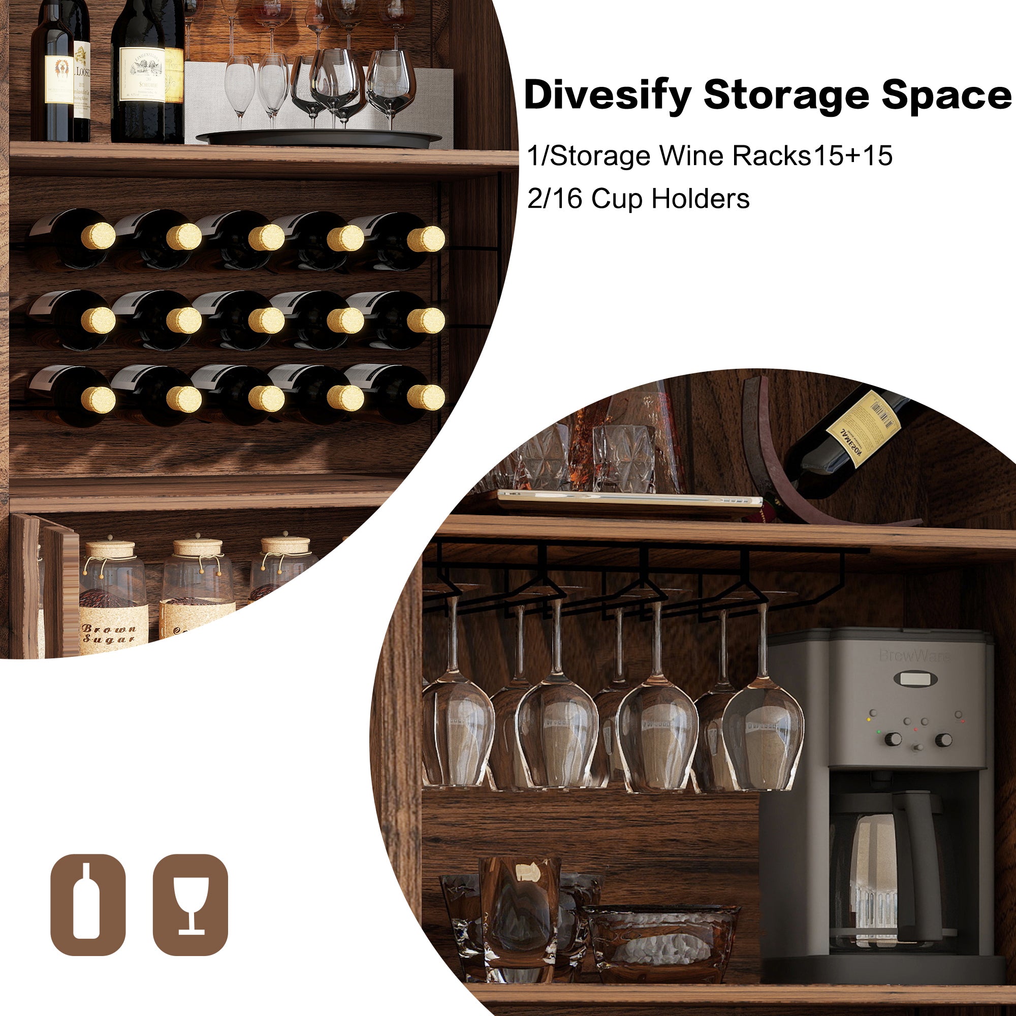 71" Tall Wine Bar Cabinet, Paproos Farmhouse Liquor Cabinet with Doors, Wine Racks, Glass Holder, Coffee Bar Cabinet with Storage Cabinet, for Living Room, Kitchen, Home Bar, Brown Oak
