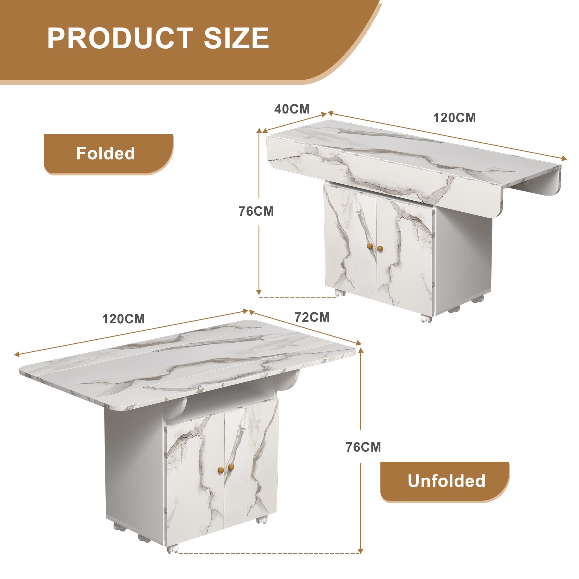 PAPROOS Folding Dining Table, 47'' Expandable Dining Table with Storage Racks & Storage Shelves & Wheels, Drop Leaf Kitchen Table with Marble-color, Space Saving Dining Room Table, White
