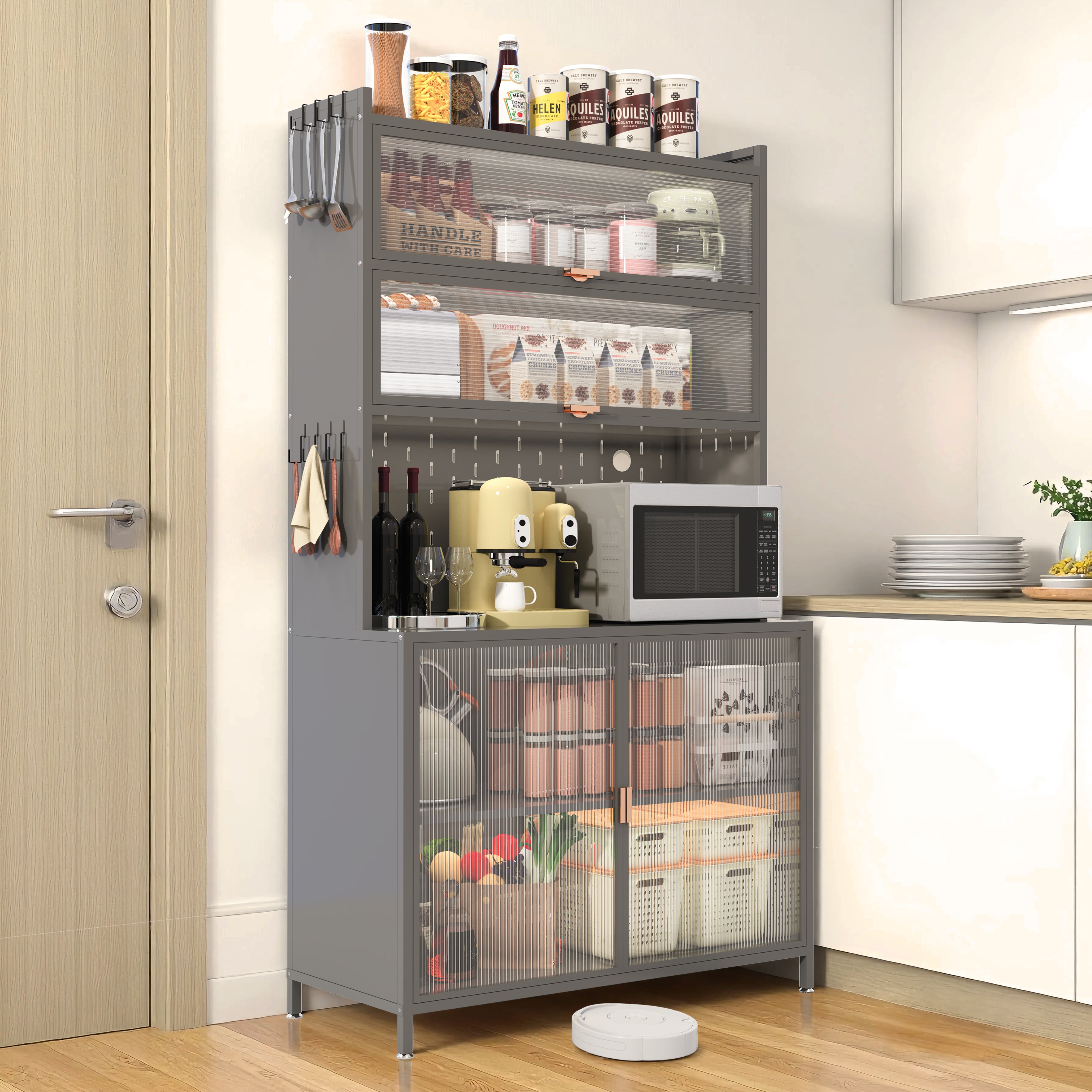 PAPROOS 73” Tall Kitchen Pantry Cabinet, Metal Pantry Cabinet with 6 Level Flip Doors, Pegboard, Modern Pantry Storage Cabinet with Anti-Tip Design, Hutch for Kitchen, Dining Room, Living Room