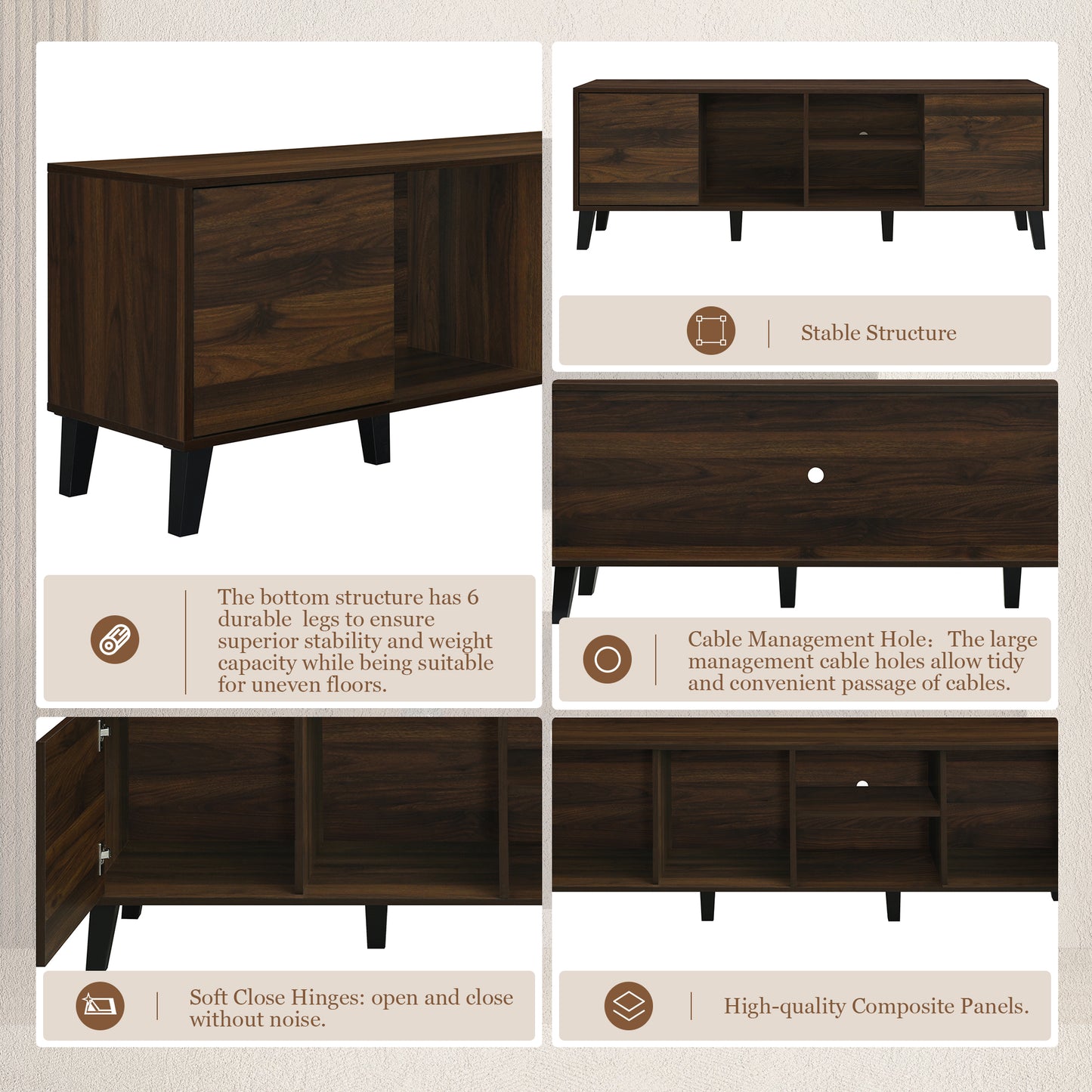 PAPROOS TV Stand for 70 inch tv, Mid Century Entertainment Center with Storage Cabinets, TV Cabinet with Open Shelves, Media Console Table with Doors for Living Room, Office