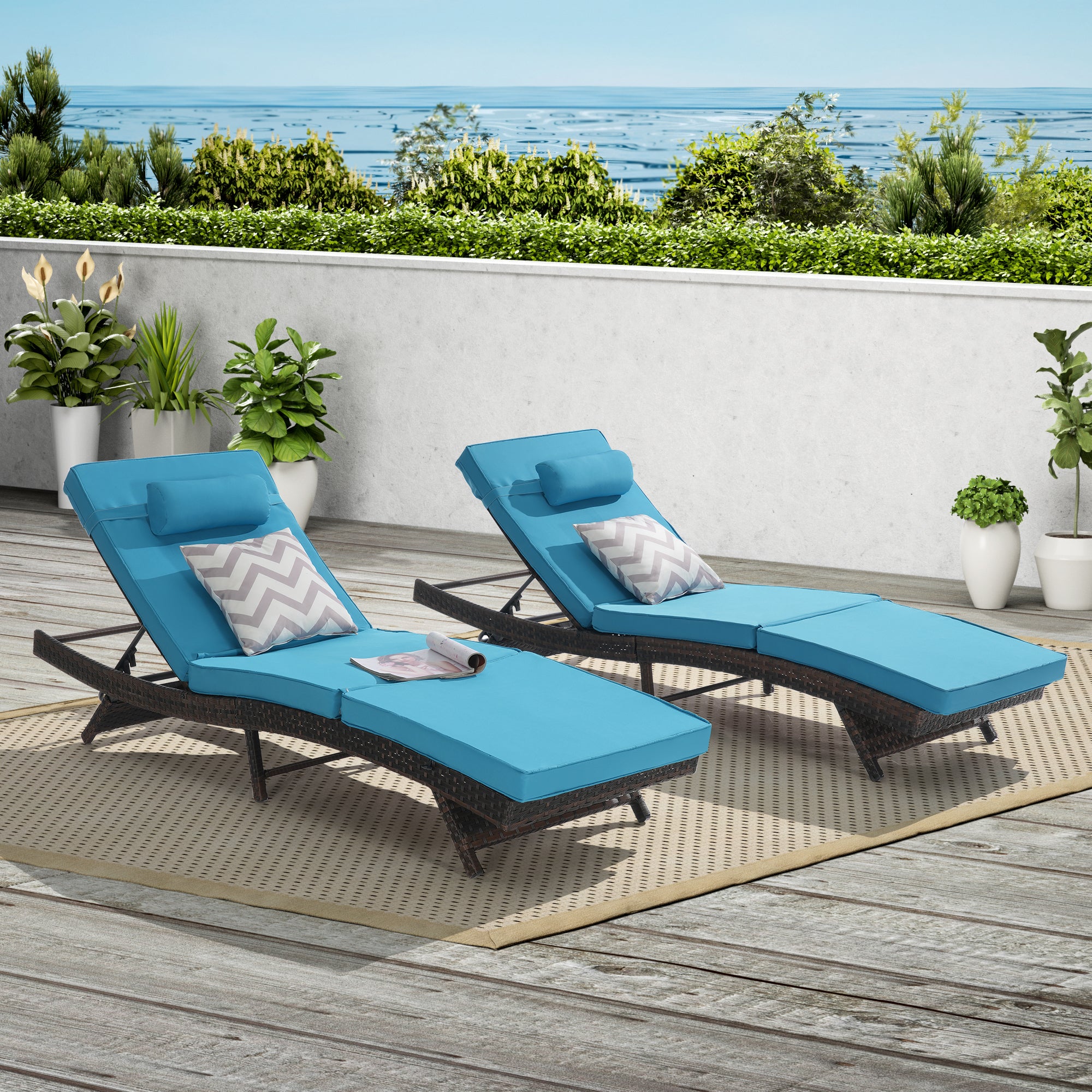 Outdoor Chaise Lounge Chair Set of 2, Wicker Outdoor Lounger Recliner with Cushions and 5-Level Adjustment Backrest, Modern Patio Lounge Chair for Poolside, Garden,