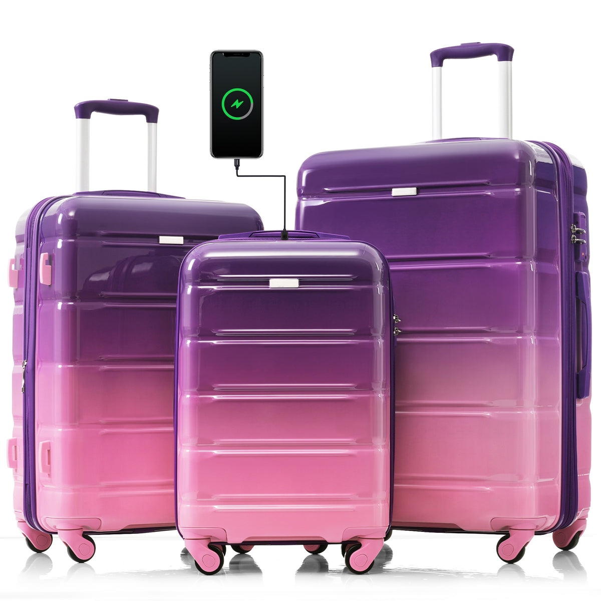 PAPROOS 3-Piece Luggage Set (20''/24''/28''), Hardshell Lightweight Suitcase with USB Port and Side Hooks, Travel Luggage with TSA-Lock, Hardside Rolling Luggage for School, Travel