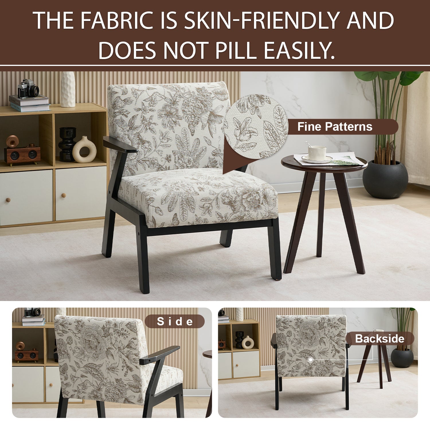 PAPROOS Mid-Century Modern Accent Chair, Fabric Upholstered Arm Chair with Wood Frame, Comfy Reading Lounge Arm Chair for Living Room Bedroom, Floral