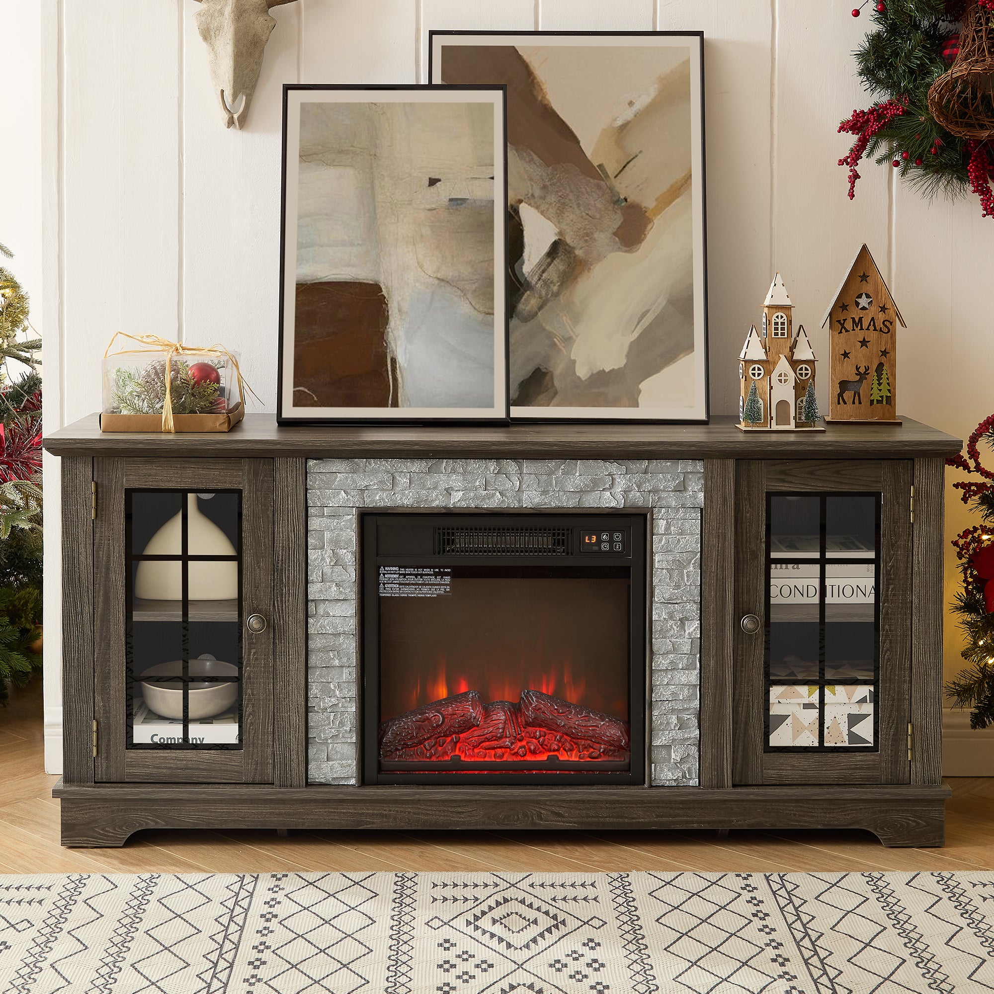 PAPROOS Farmhouse Fireplace TV Stand for TVs up to 65"