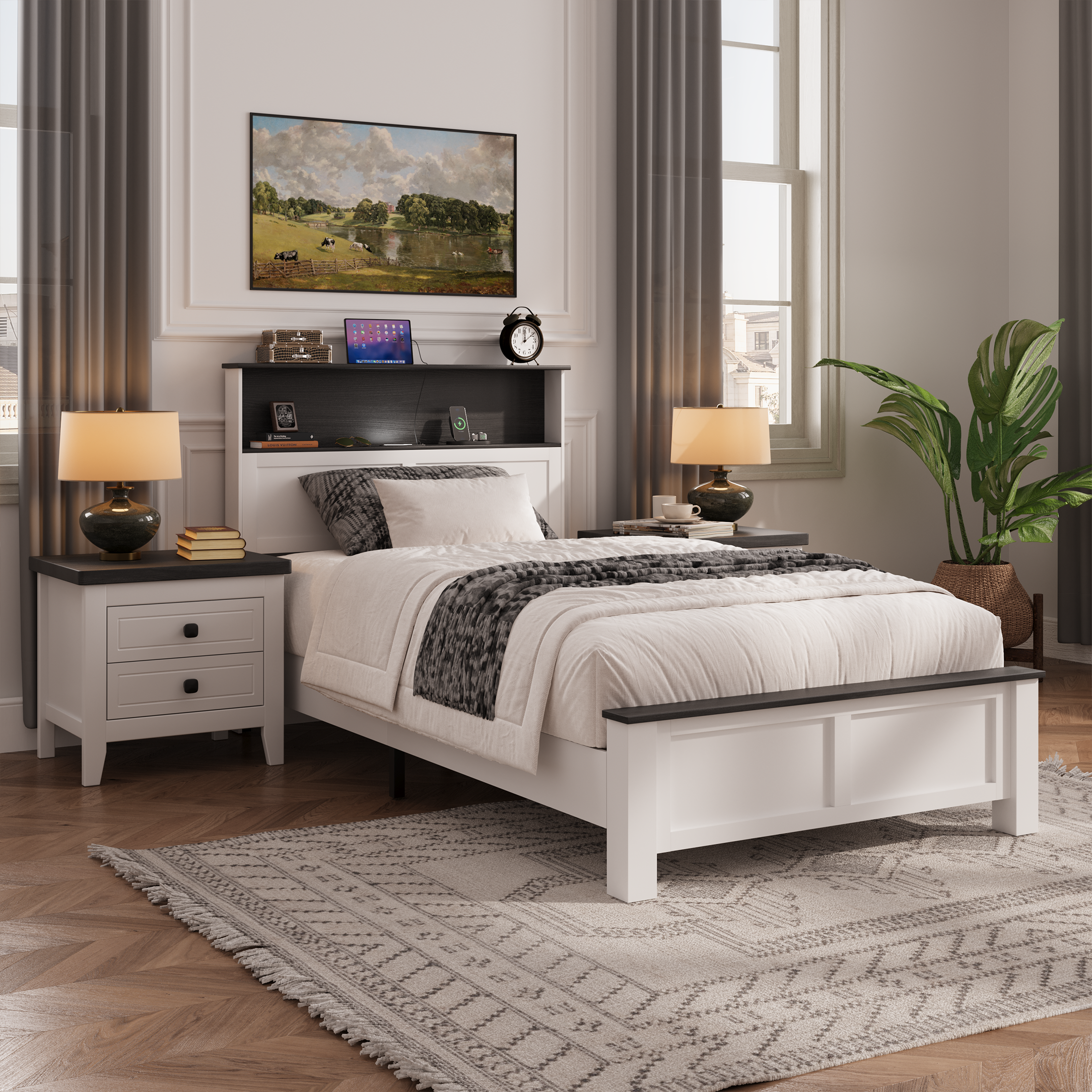 PAPROOS Wooden Twin Platform Bed Frame with Headboard and Footboard