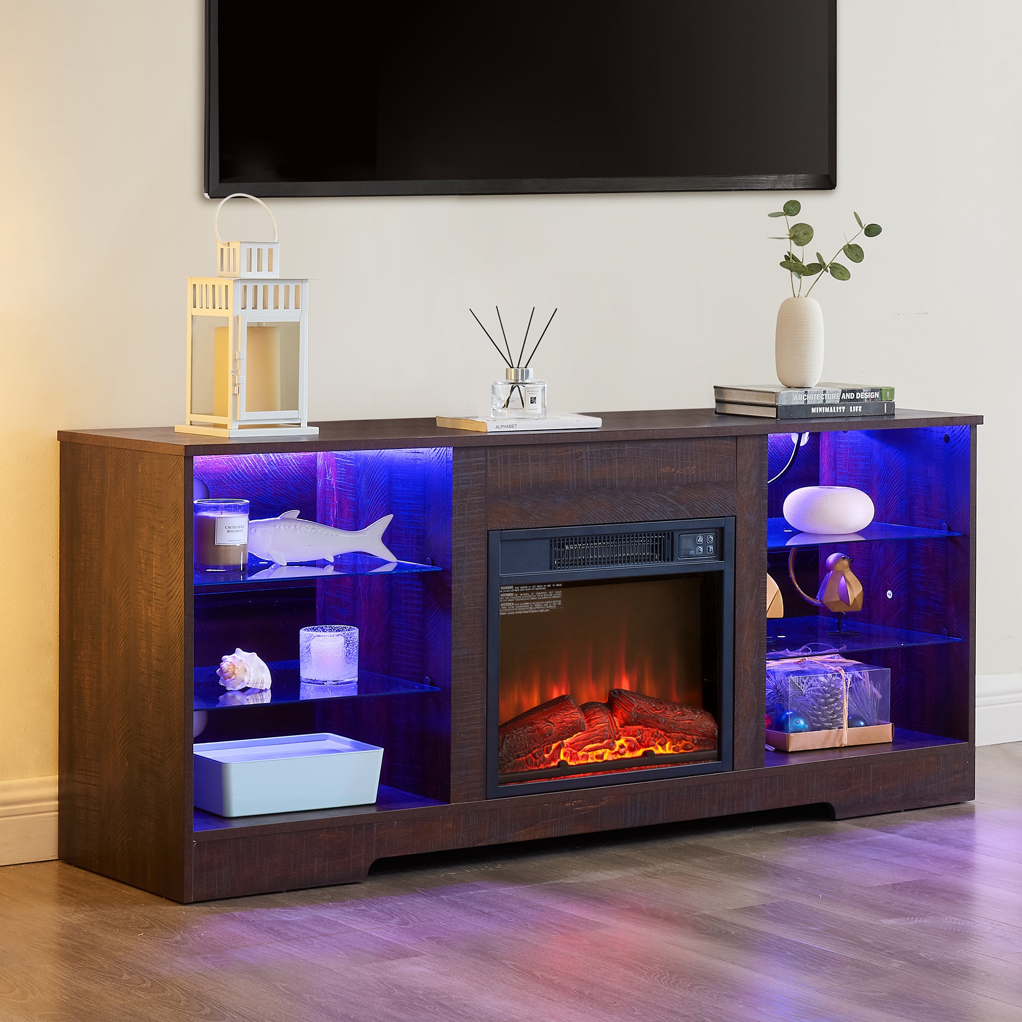 PAPROOS Fireplace TV Stand for 65 Inch TV, Farmhouse TV Stand with with 18 Inch Electric Fireplace, Entertainment Center with Charging Station, TV Console Table TV Cabinet for Living Room