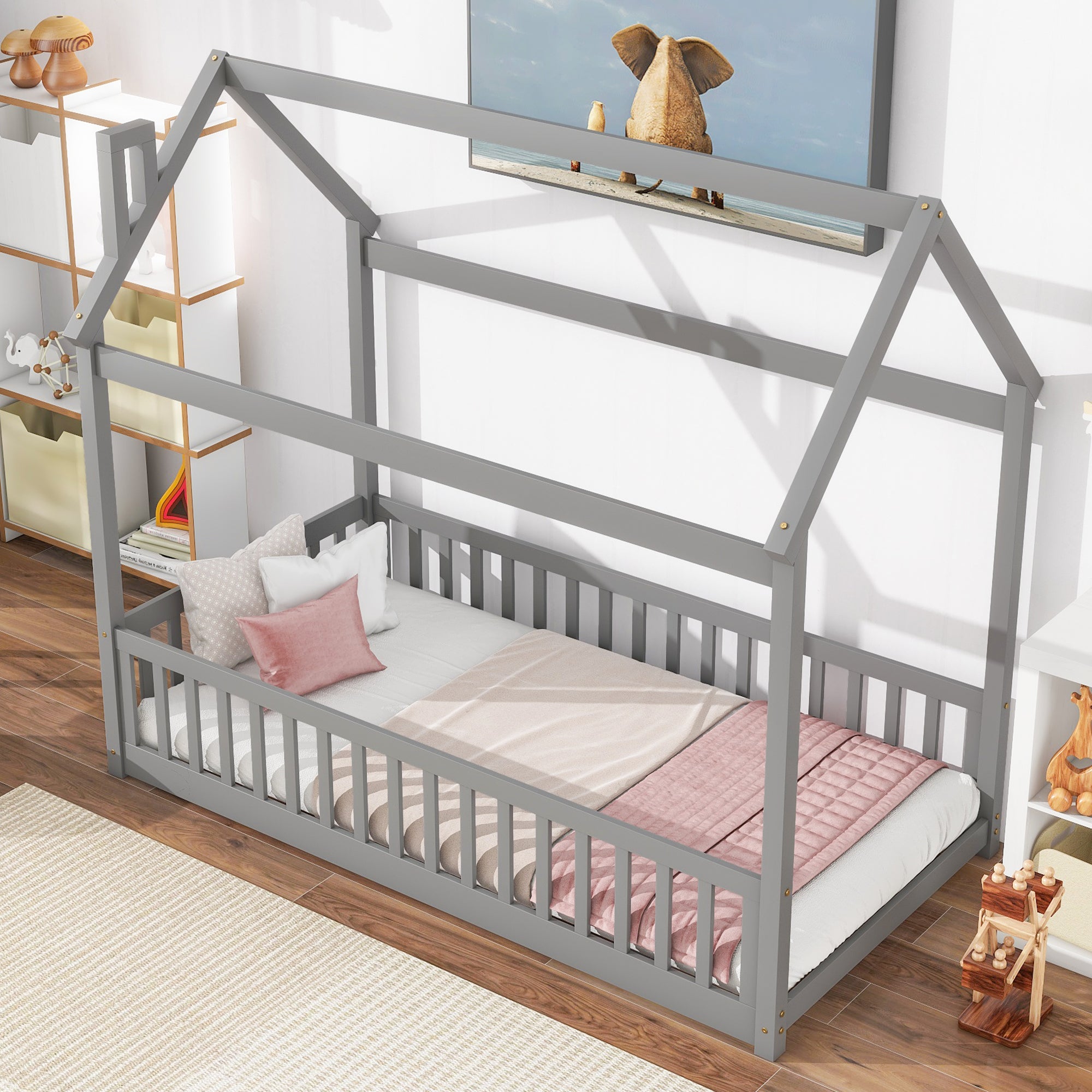 PAPROOS Twin Size House Floor Bed for Kids