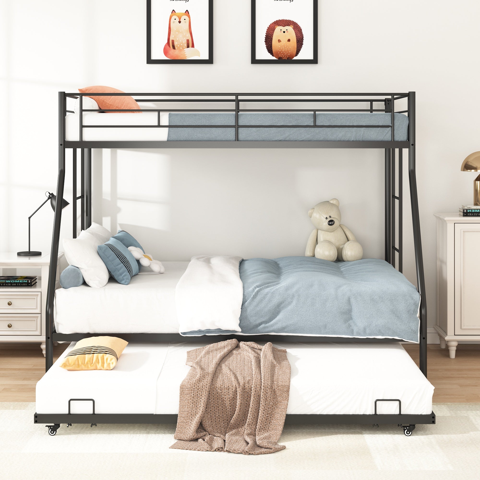 Twin Over Full Metal Bunk Beds with Trundle Bed, Paproos Metal Bunk Beds for Kids Teens Adults with Side Ladders, Twin Over Full Size Bunkbed Frame, No Box Spring Needed, with CPC Certification, Black