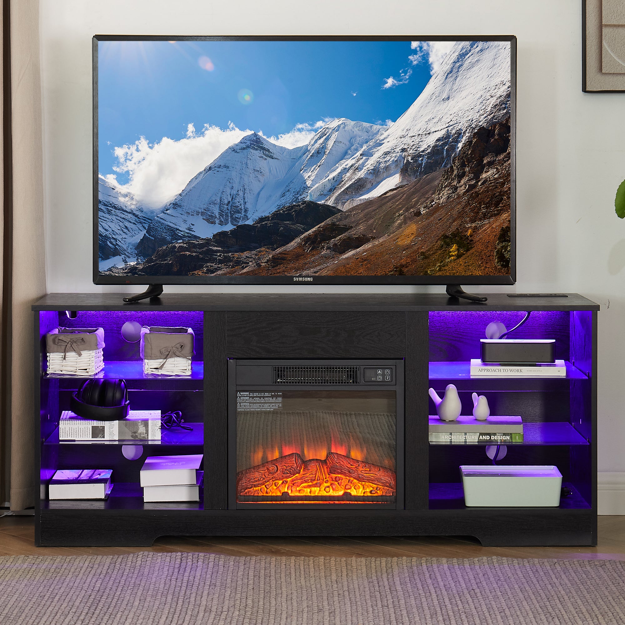 PAPROOS Fireplace TV Stand for 65 Inch TV, Farmhouse TV Stand with with 18 Inch Electric Fireplace, Entertainment Center with Charging Station, TV Console Table TV Cabinet for Living Room