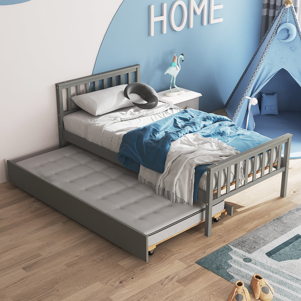 PAPROOS Solid Wood Platform Bed with Headboard and Footboard, Twin Size Trundle Beds for Kids Teens Adults