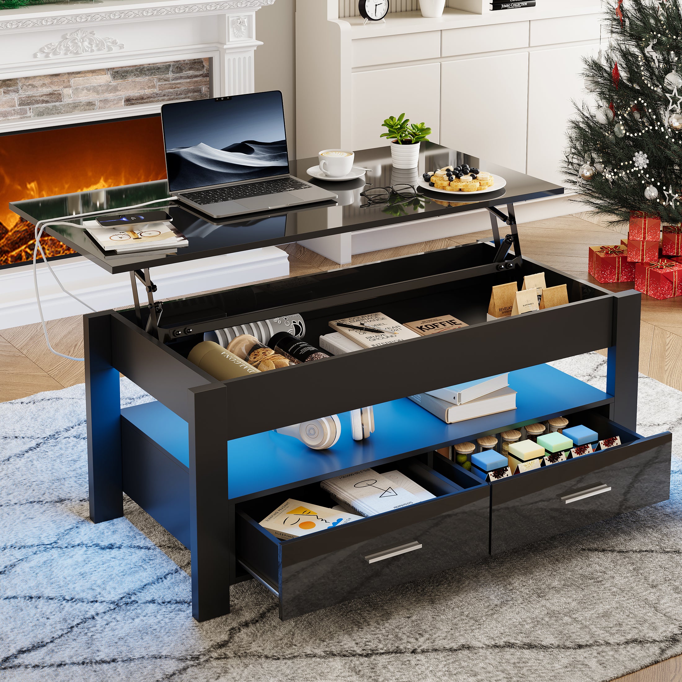 PAPROOS Lift Top Coffee Table for Living Room, Modern High Gloss Desktop Coffee Table with LED Light, Wood Coffee Table with Lifting Top and 2 Drawers, Hidden Storage, Black