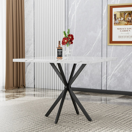PAPROOS Square Dining Table for 4, White Marble Kitchen Table Dining Room Tables with Thickened Wooden Tabletop and Thickened Iron Legs