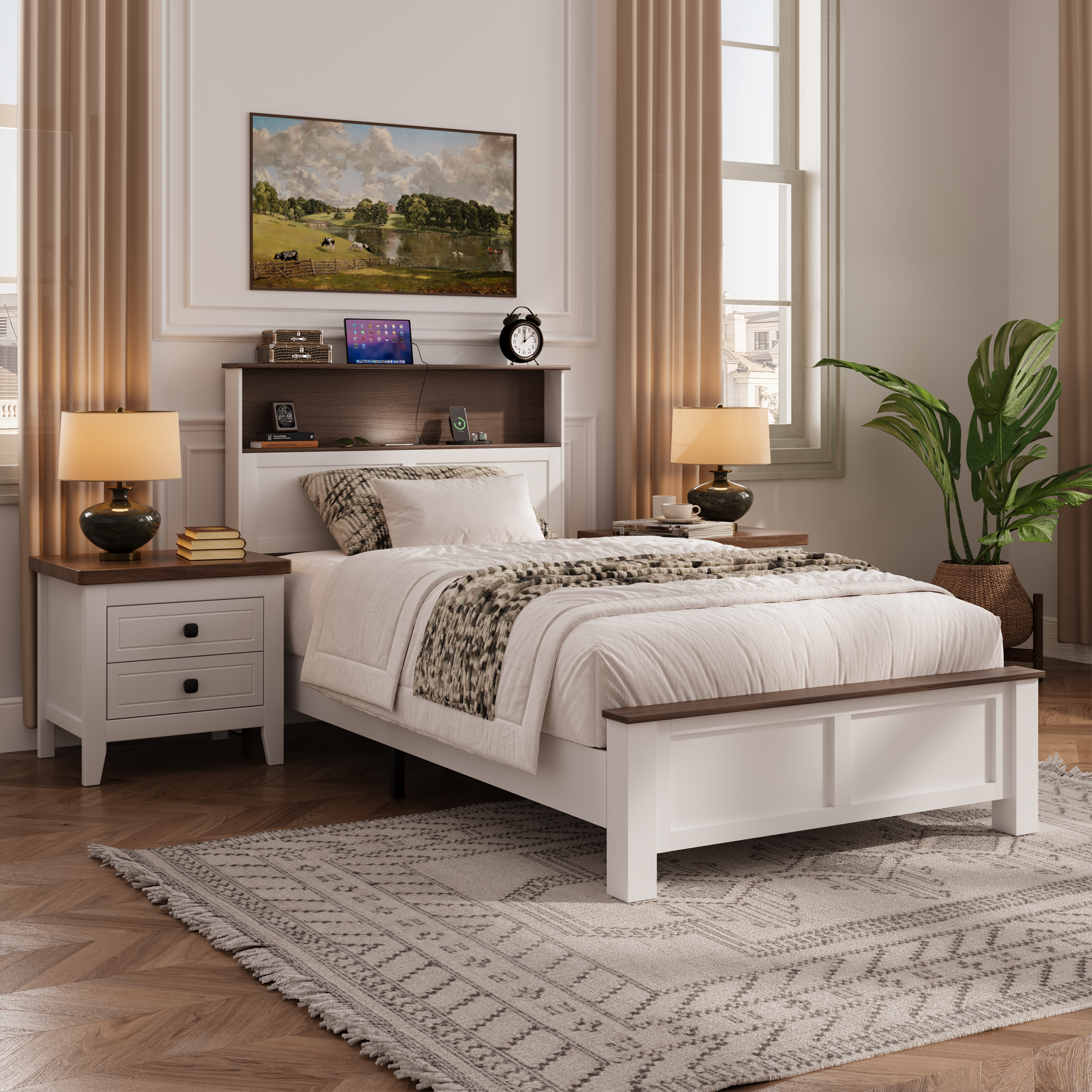 PAPROOS Wooden Twin Platform Bed Frame with Headboard and Footboard