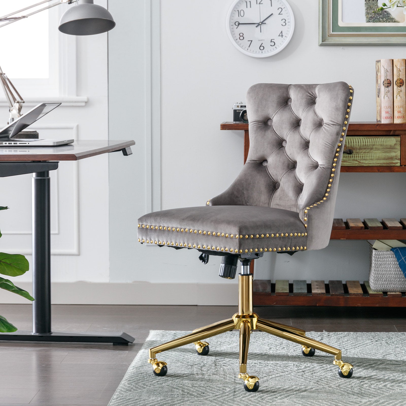 PAPROOS Vanity Chair, Swivel Home Office Chair, Ergonomic Home Desk Chair with Golden Metal Base, Adjustable Height, Velvet Upholstered Tufted Button Task Chair, Beige