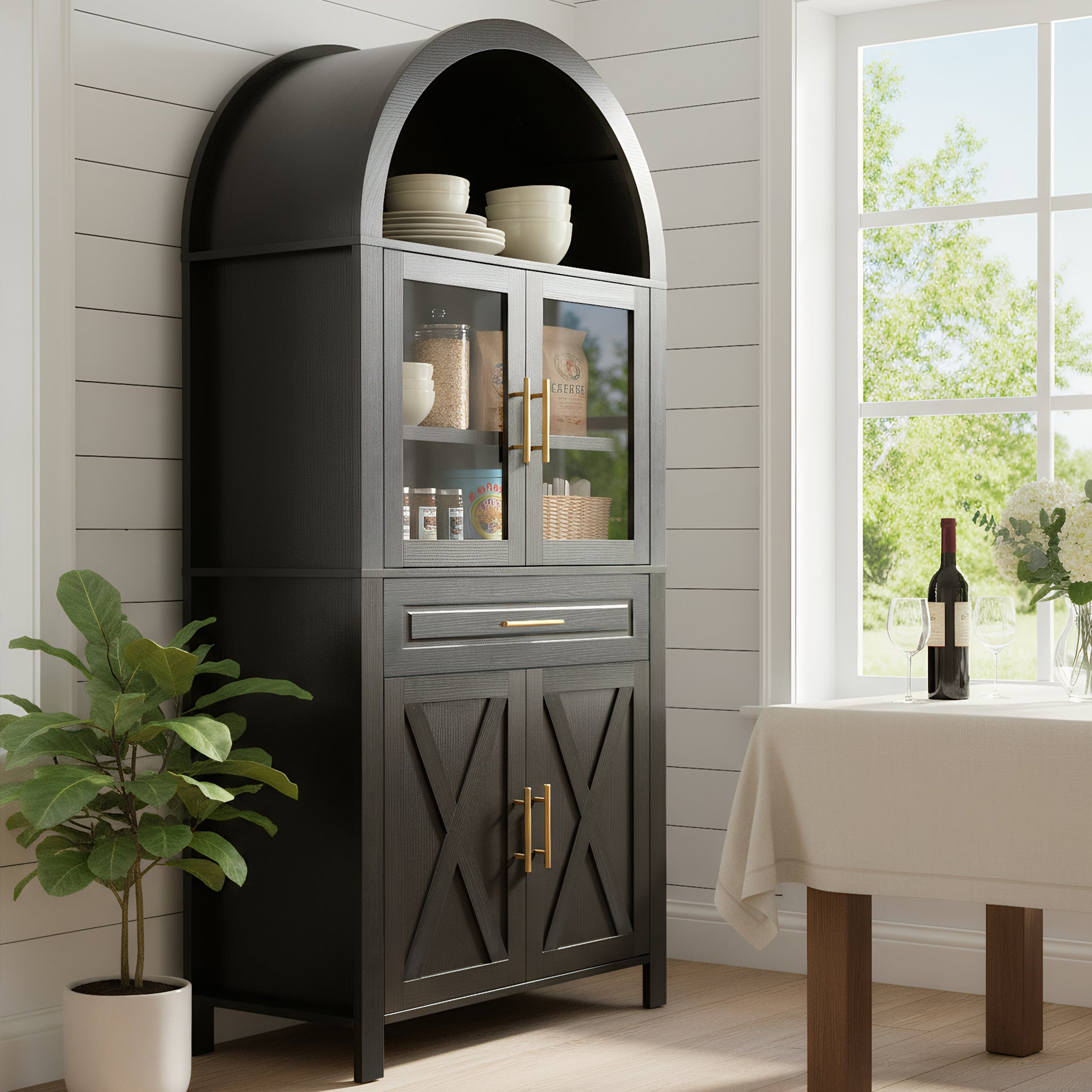 PAPROOS 71" Tall Arched Pantry Storage Cabinet with Glass Door, Farmhouse Pantry Cabinet with Built-in Racks & Adjustable Shelves, Barn Door Design Kitchen Storage for Living Room Dining Room, White