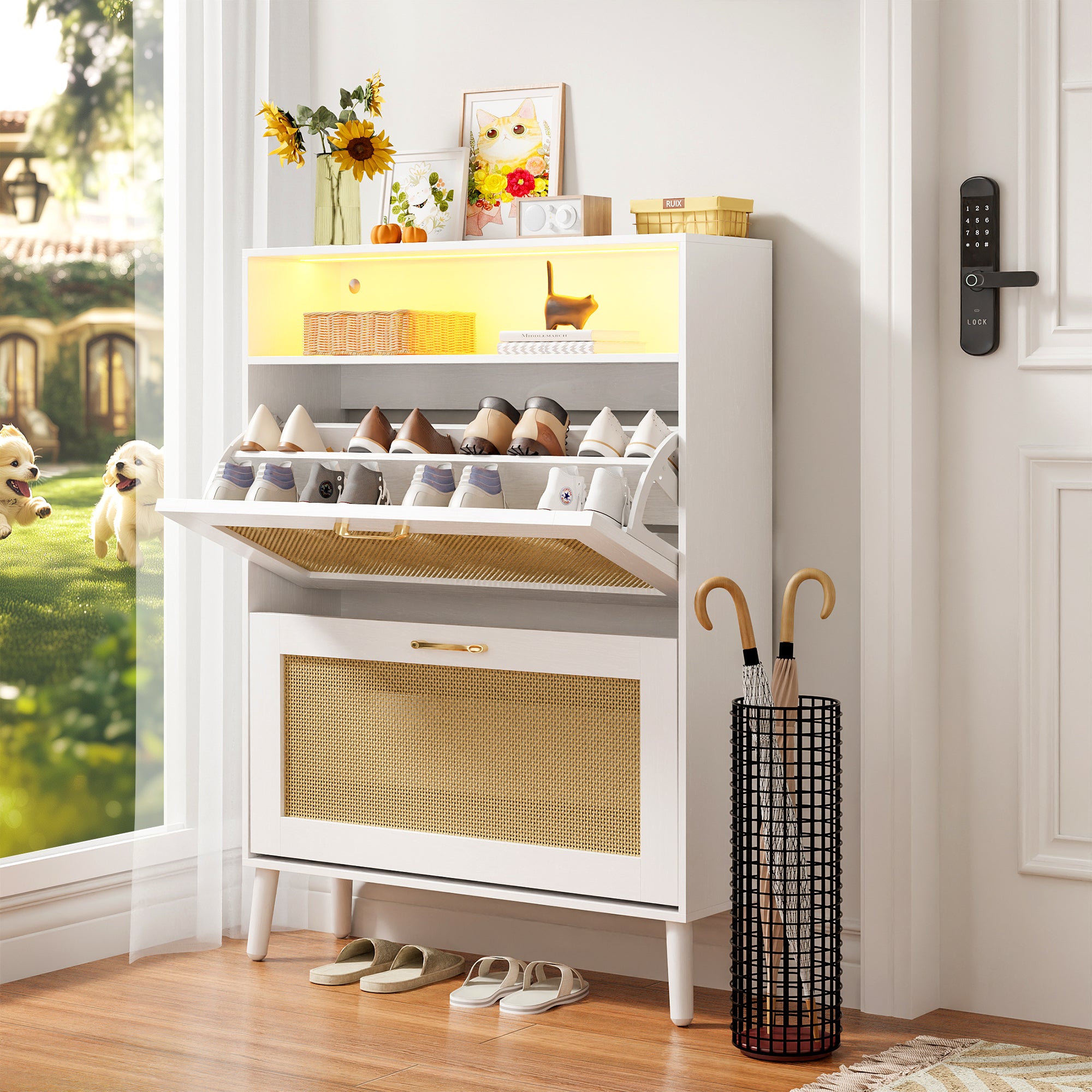LED Shoe Cabinet with 2 Flip Drawers, Wood 20Pair Shoe Storage Cabinet with Lights for Entryway, Modern Shoe Rack Organizer for Living Room, Rattan Door Design, Brown