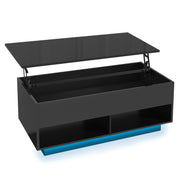 PAPROOS Lift Top Coffee Table for Living Room, Modern Coffee Table with APP Control LED Light and Charging Station, High Gloss Coffee Table with Hidden Storage and Storage Shelves, Black