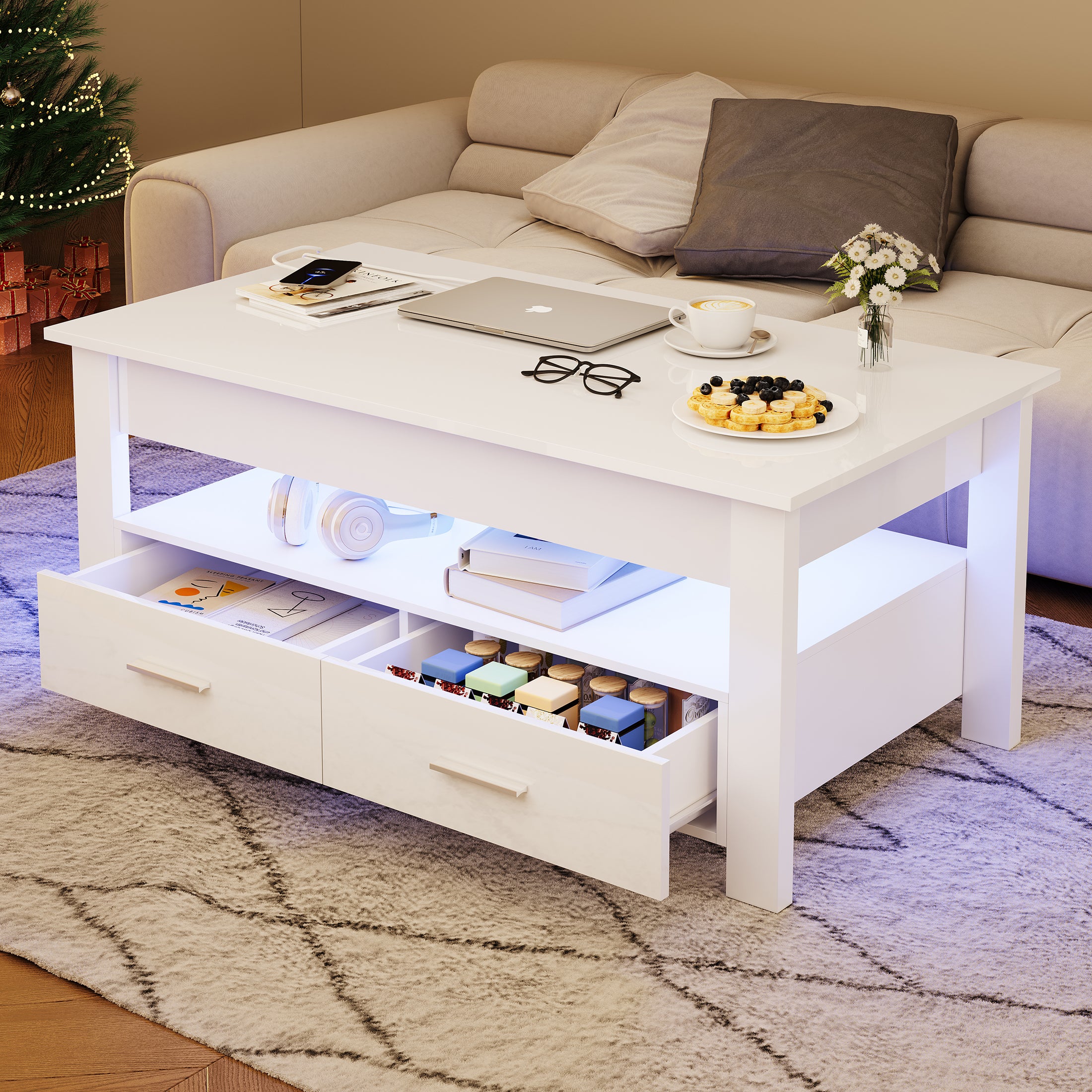 PAPROOS Lift Top Coffee Table for Living Room, Modern High Gloss Desktop Coffee Table with LED Light, Wood Coffee Table with Lifting Top and 2 Drawers, Hidden Storage, Black
