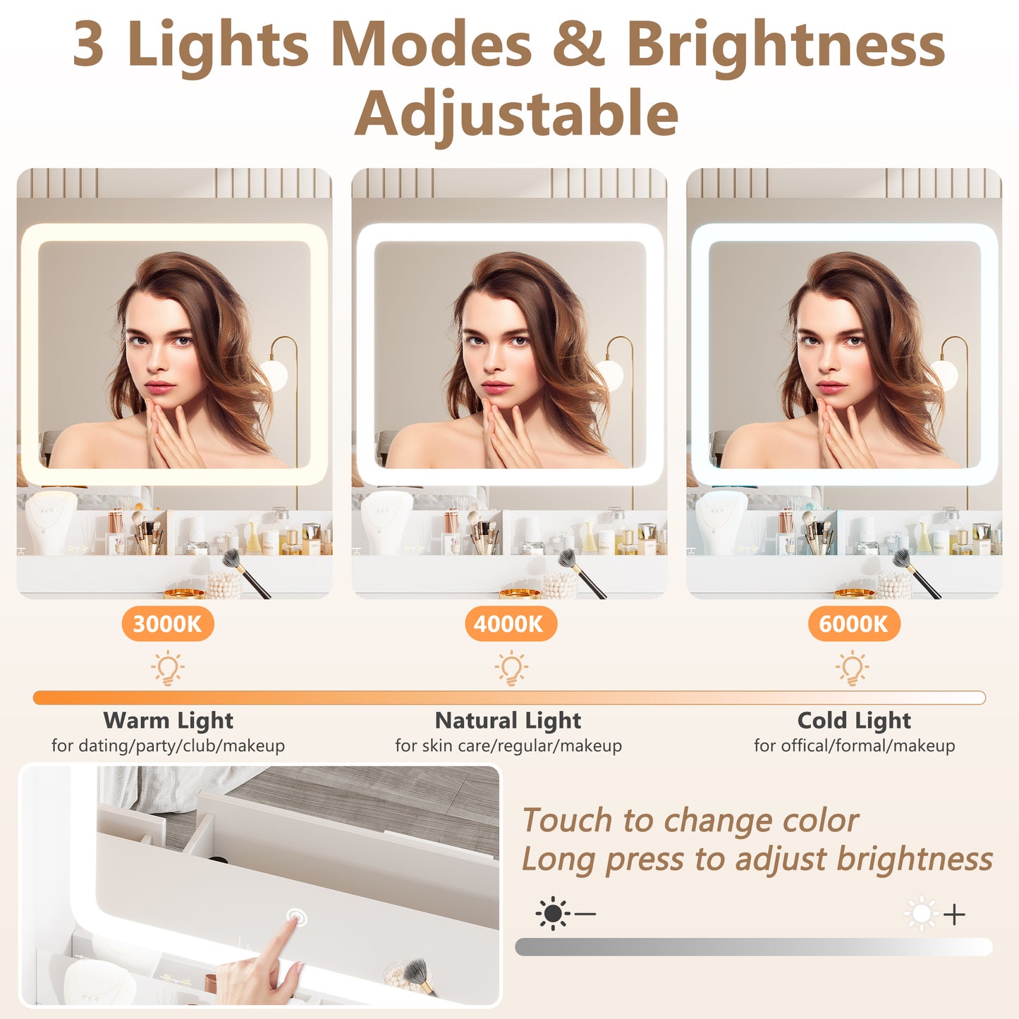 Vanity Desk with Mirror and LED Light, PAPROOS Makeup Vanity with Cabinet and 3 Drawers, Makeup Table with Anti-tipping Function, Upholstered Stool with storage, Shelves with Door, White