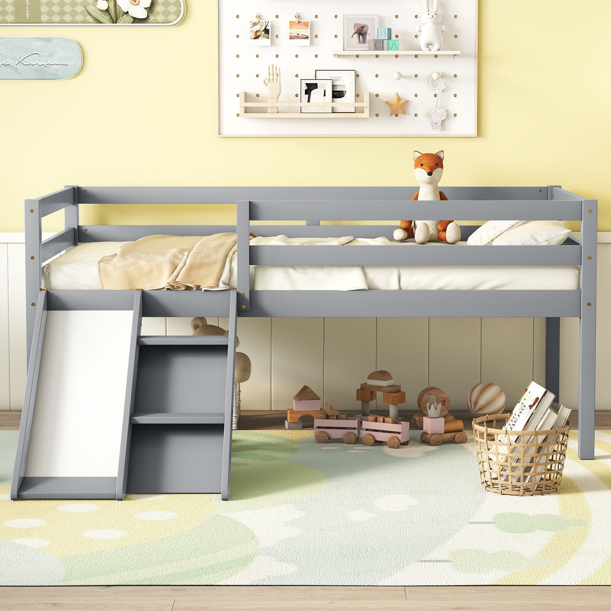 PAPROOS Loft Bed, Twin Size Loft Bed Frame with Slide and Ladder