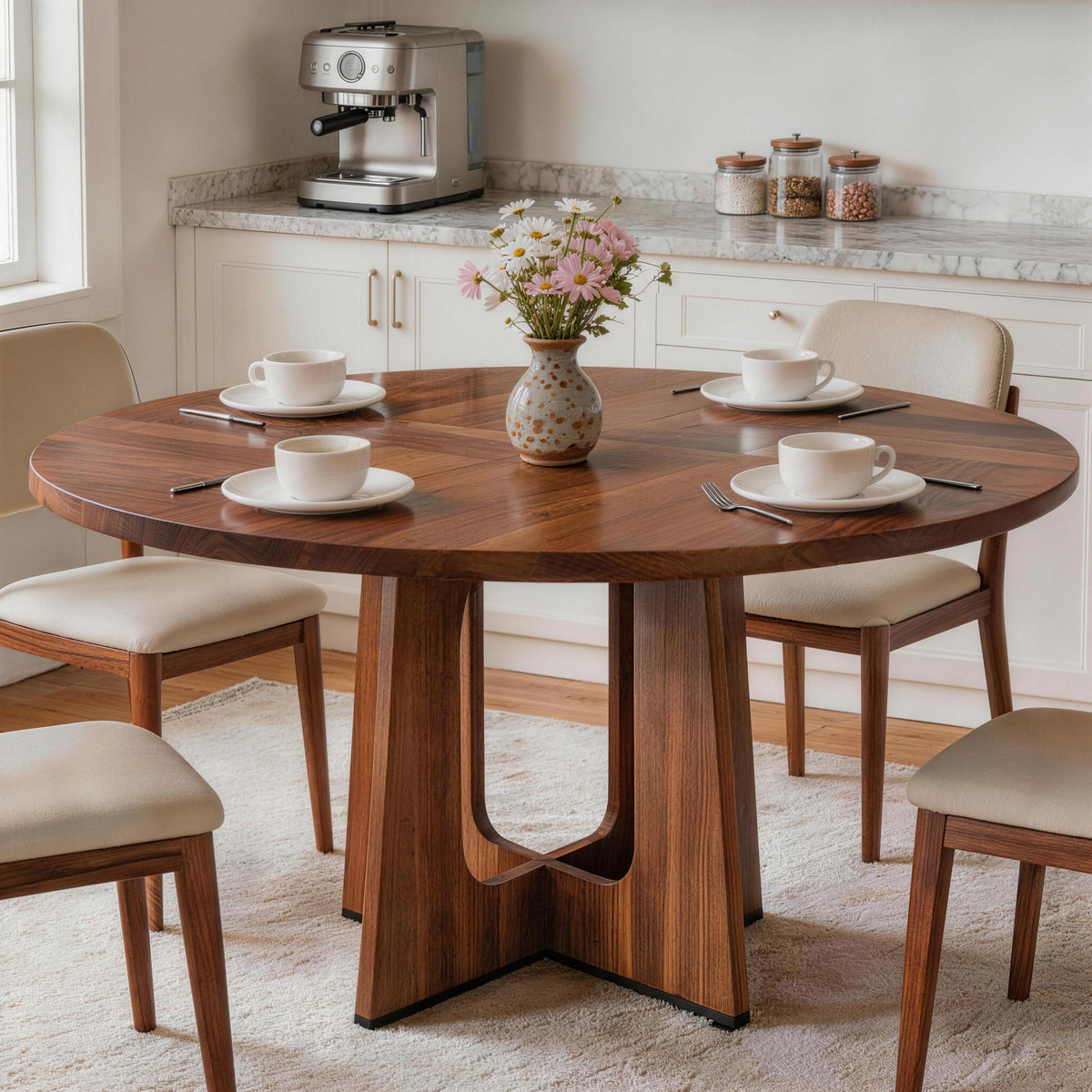 Round Dining Table for 4-6, PAPROOS 47'' Large Wood Kitchen Table, Dining Room Table with Wide Tabletop & Cross Base, Circle Dining Table Dinner Table for Kitchen Dining Room, Brown(Only Table)