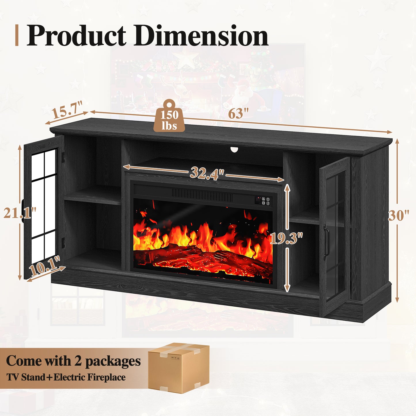 PAPROOS 63" Fireplace TV Stand for TVs up to 70" with 32" Electric Fireplace, Entertainment Center with LED, Modern Television Table Center With Remote Control for Living Room, Black