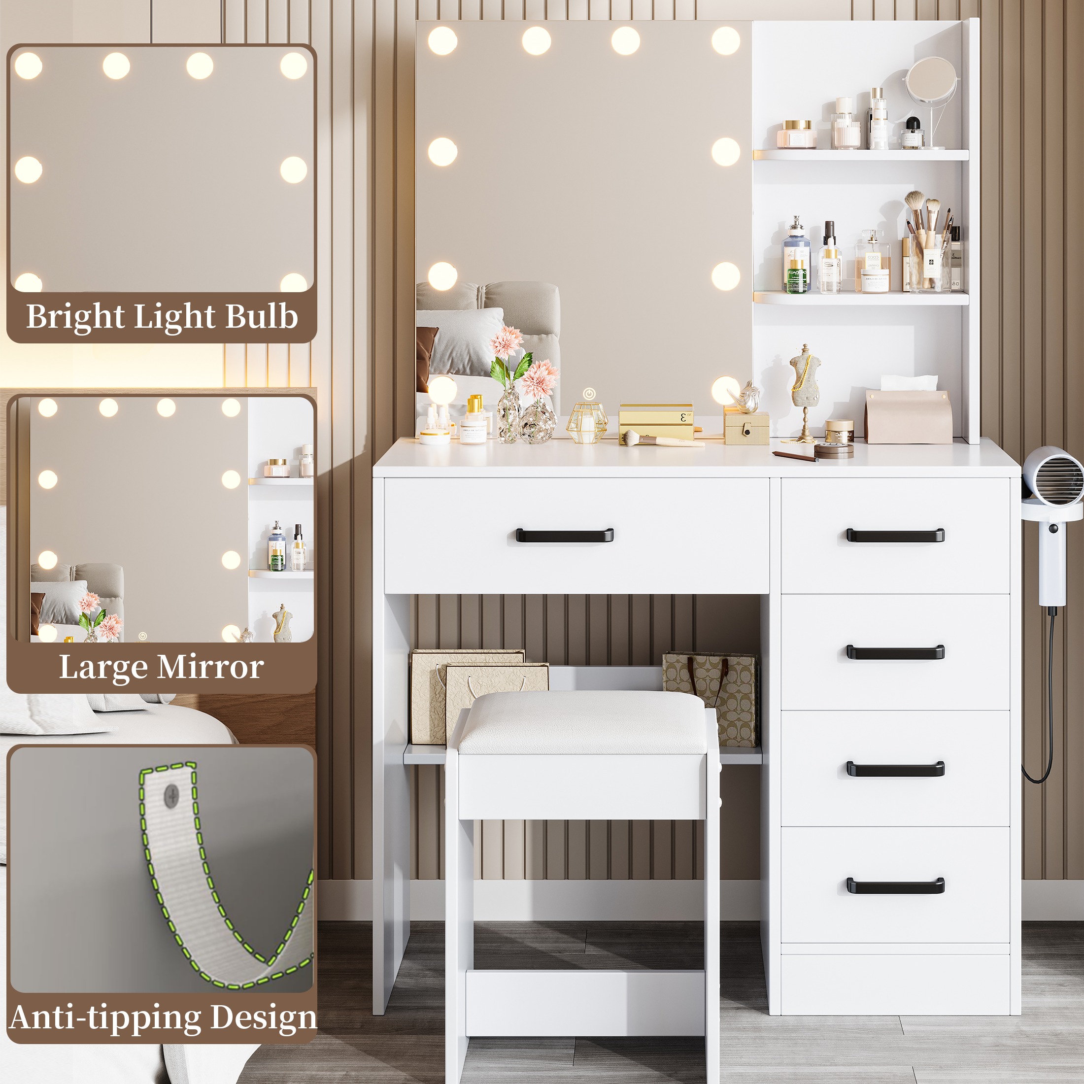PAPROOS Vanity Set with Mirror and Light