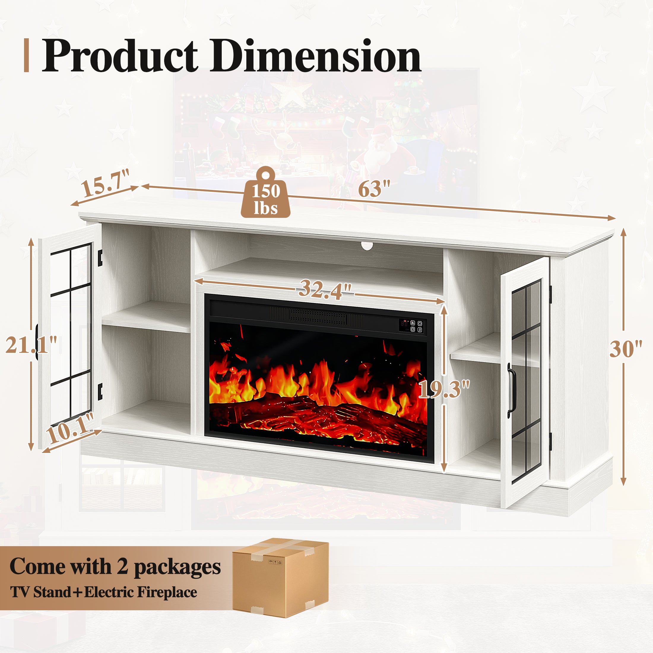 PAPROOS 63" Fireplace TV Stand, White