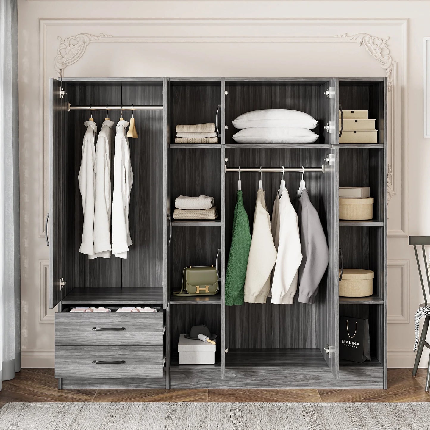 6 Door Armoire Wardrobe Closet, 67'' Large Wardrobe Armoire with 2 Drawers & Shelves, Farmhouse Wooden Armoire Storage with Hanging Rod for Bedroom, Natural