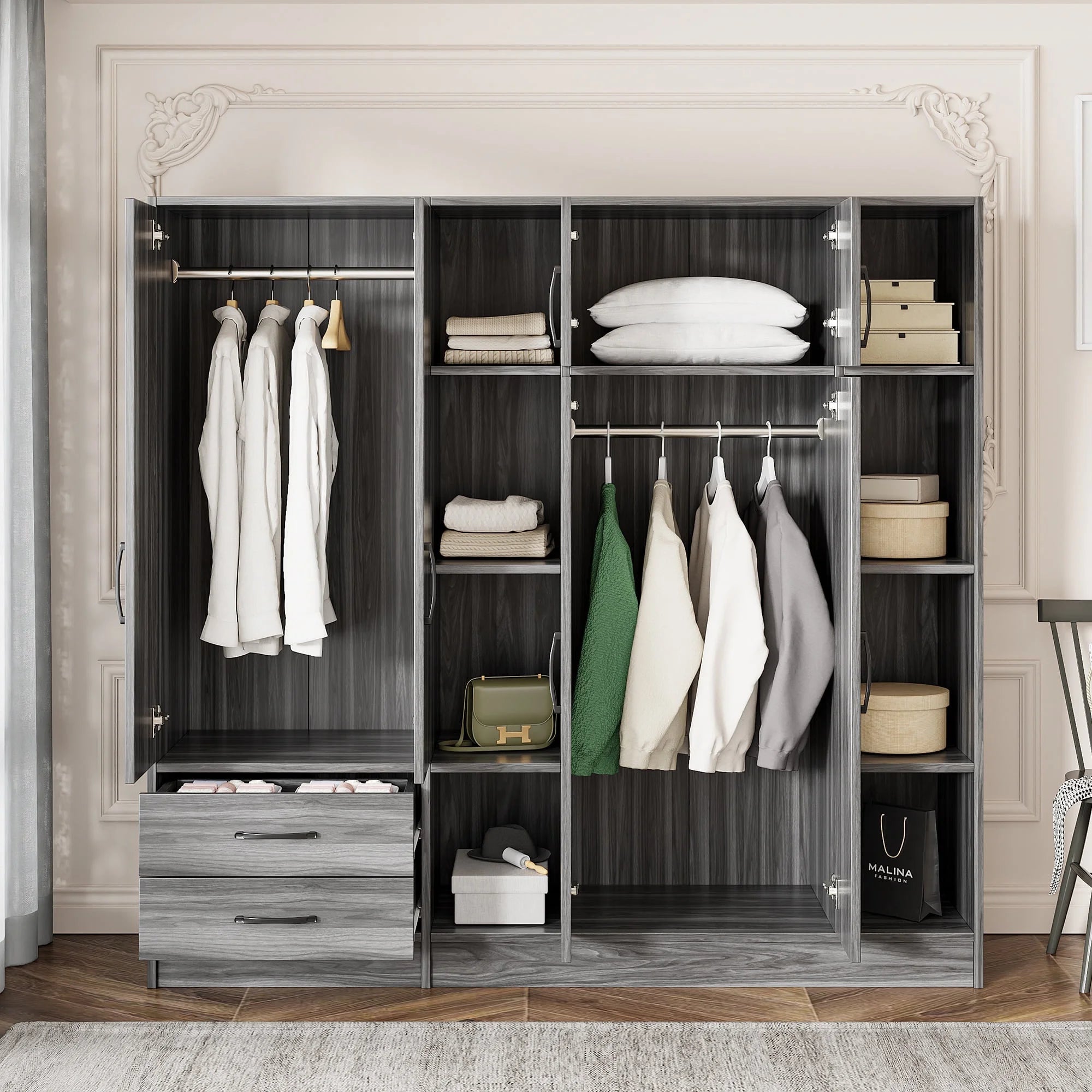 6 Door Armoire Wardrobe Closet, 67'' Large Wardrobe Armoire with 2 Drawers & Shelves, Farmhouse Wooden Armoire Storage with Hanging Rod for Bedroom, Natural