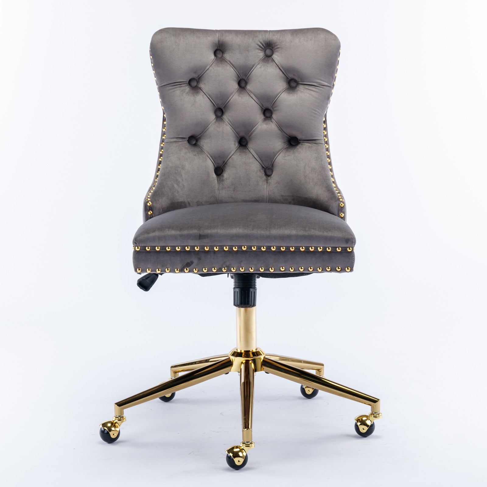 PAPROOS Vanity Chair, Swivel Home Office Chair, Ergonomic Home Desk Chair with Golden Metal Base, Adjustable Height, Velvet Upholstered Tufted Button Task Chair, Beige