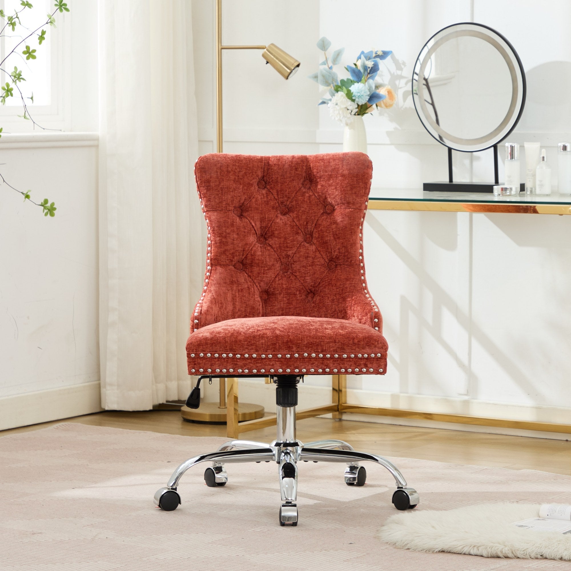 PAPROOS Vanity Chair, Swivel Home Office Chair, Ergonomic Home Desk Chair with Silver Metal Base, Adjustable Height, Chenille Upholstered Tufted Button Task Chair, Green