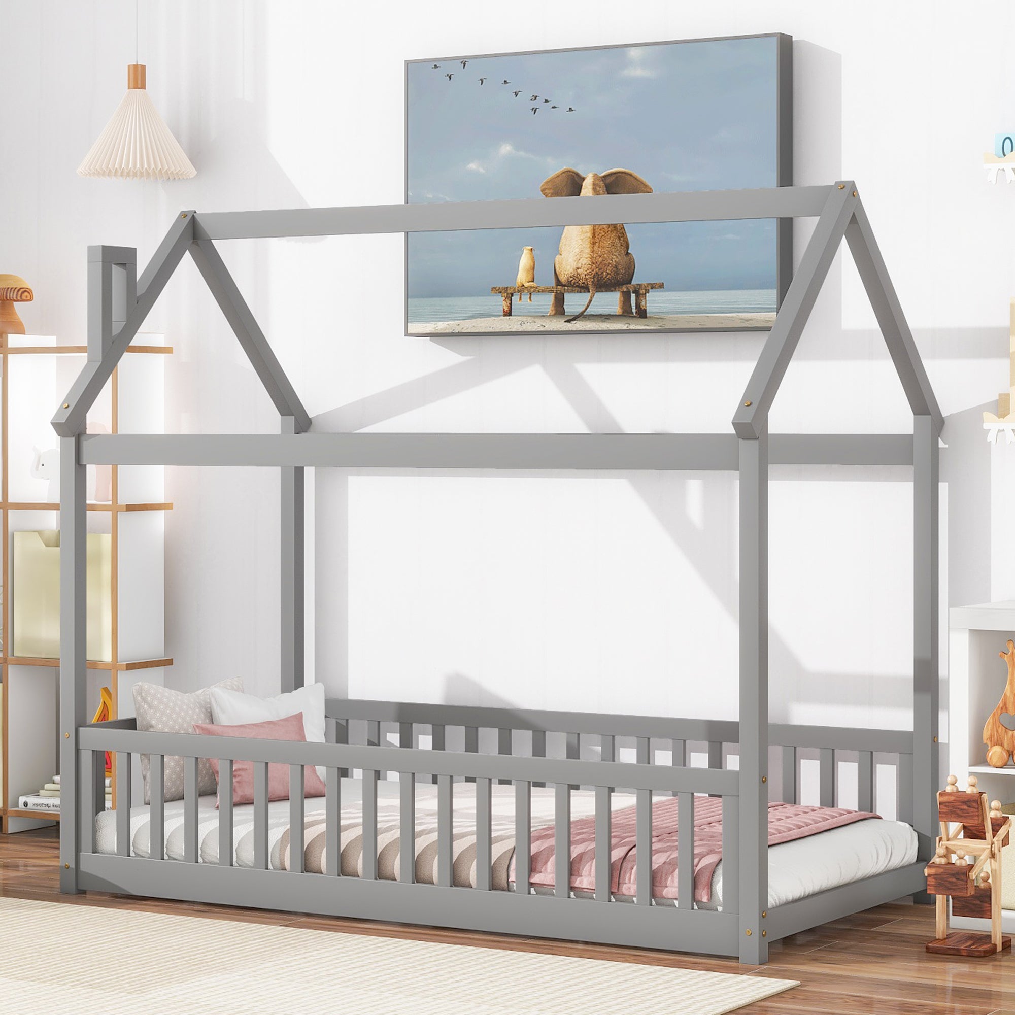 PAPROOS Twin Size House Floor Bed for Kids
