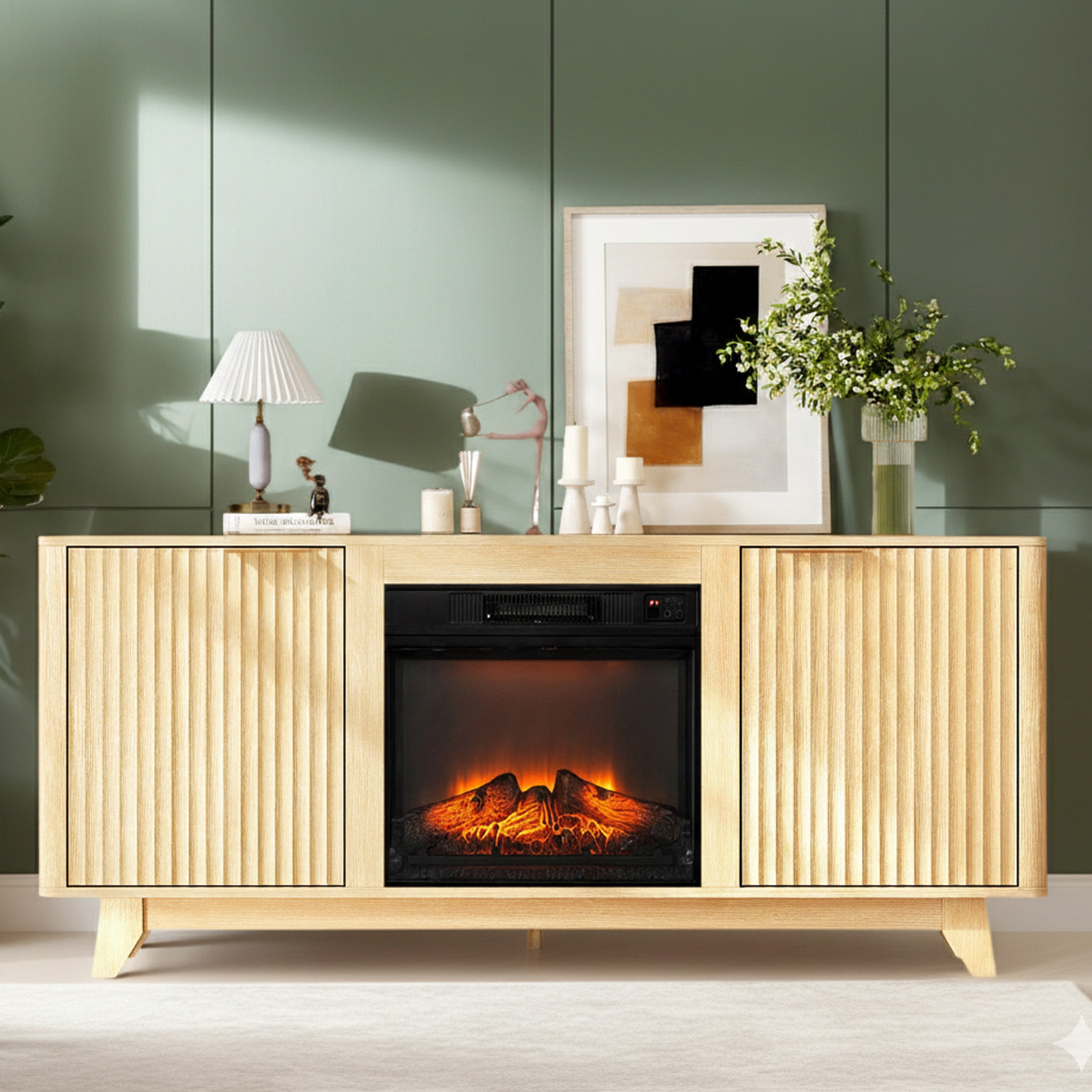 PAPROOS Fireplace TV Stand for TVs up to 70", Farmhouse TV Console with 26" Electric Fireplace, Entertainment Center with Sliding Barn Doors & Storage Cabinets & Adjustable Shelves, Weathered Wood