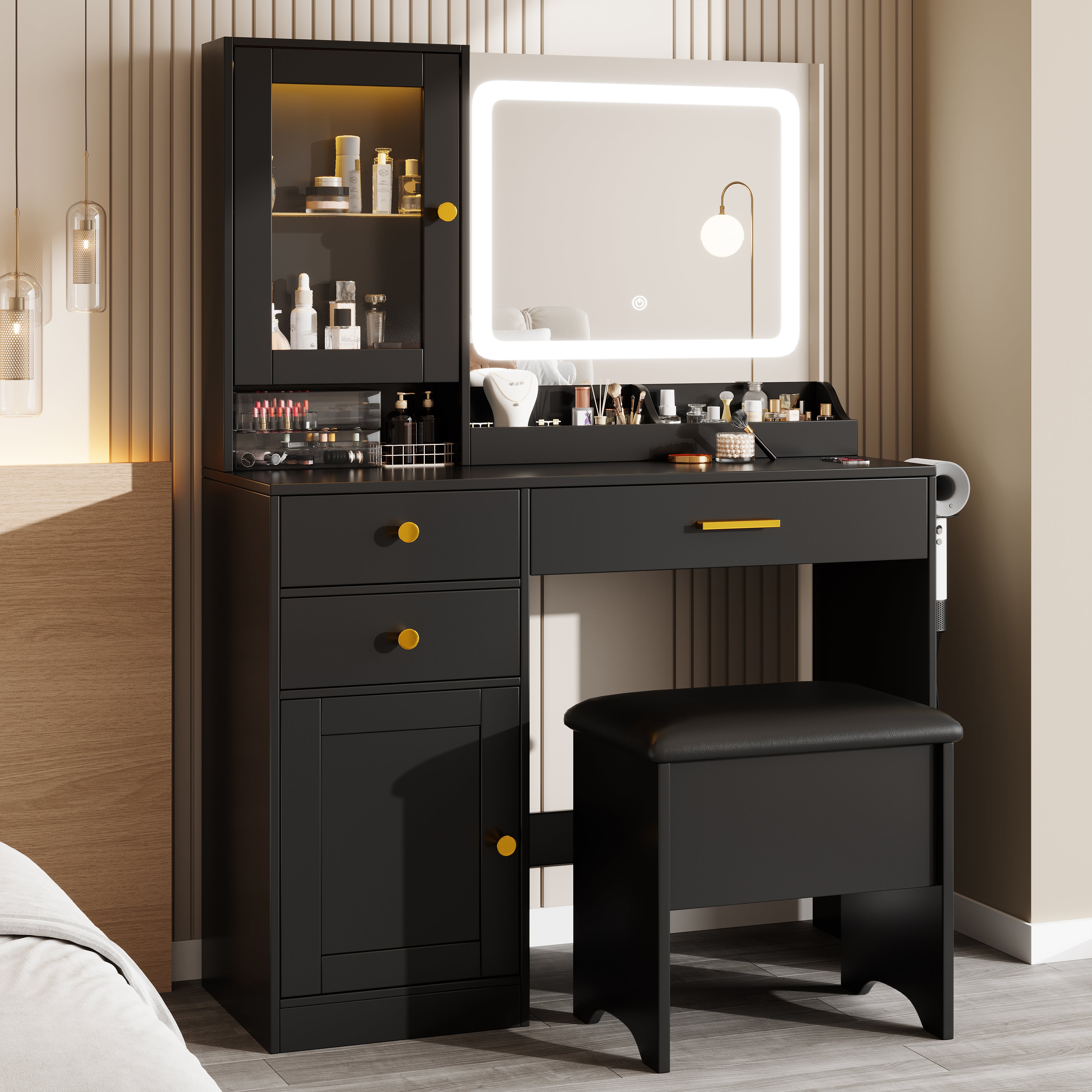 PAPROOS Vanity Set with 3 Color Lighted Mirror, Modern Makeup Vanity Table with Charging Station and Hair Dryer Rack, Bedroom Dressing Table with 3 Drawers, Cabinet, Cushioned Stool for Girls, Black