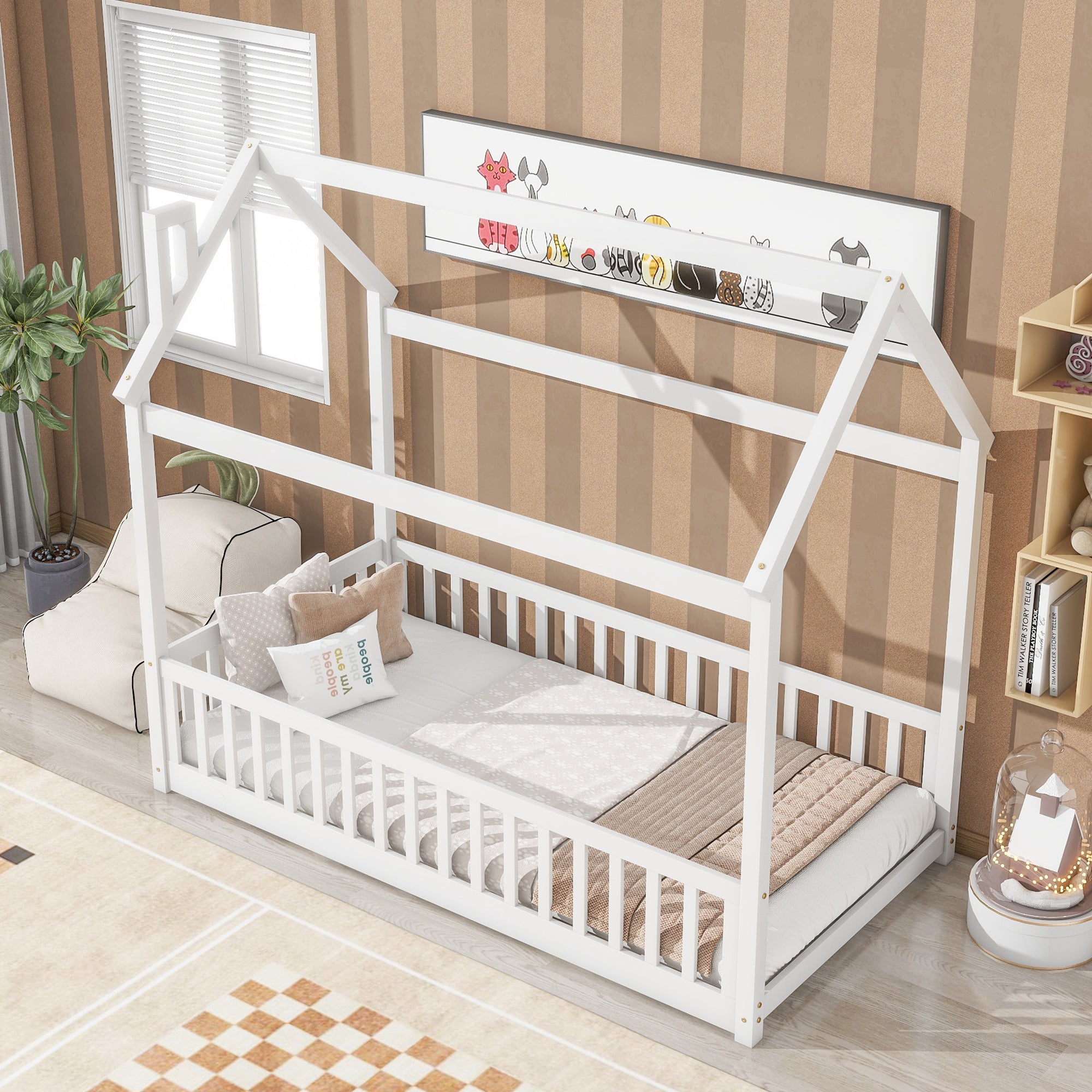 PAPROOS Twin Size House Floor Bed for Kids