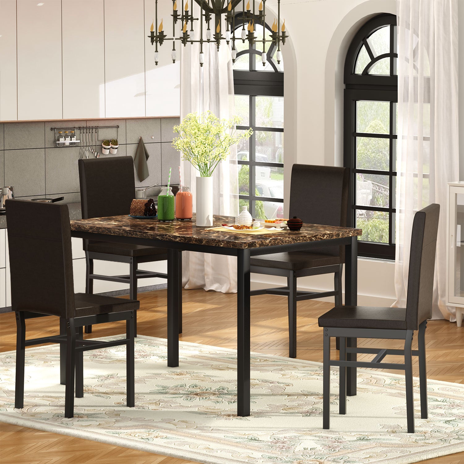 PAPROOS Dining Table Set for 4, Modern 5-Piece Kitchen Table Set with Marble Top and Faux Leather Upholstery Chairs