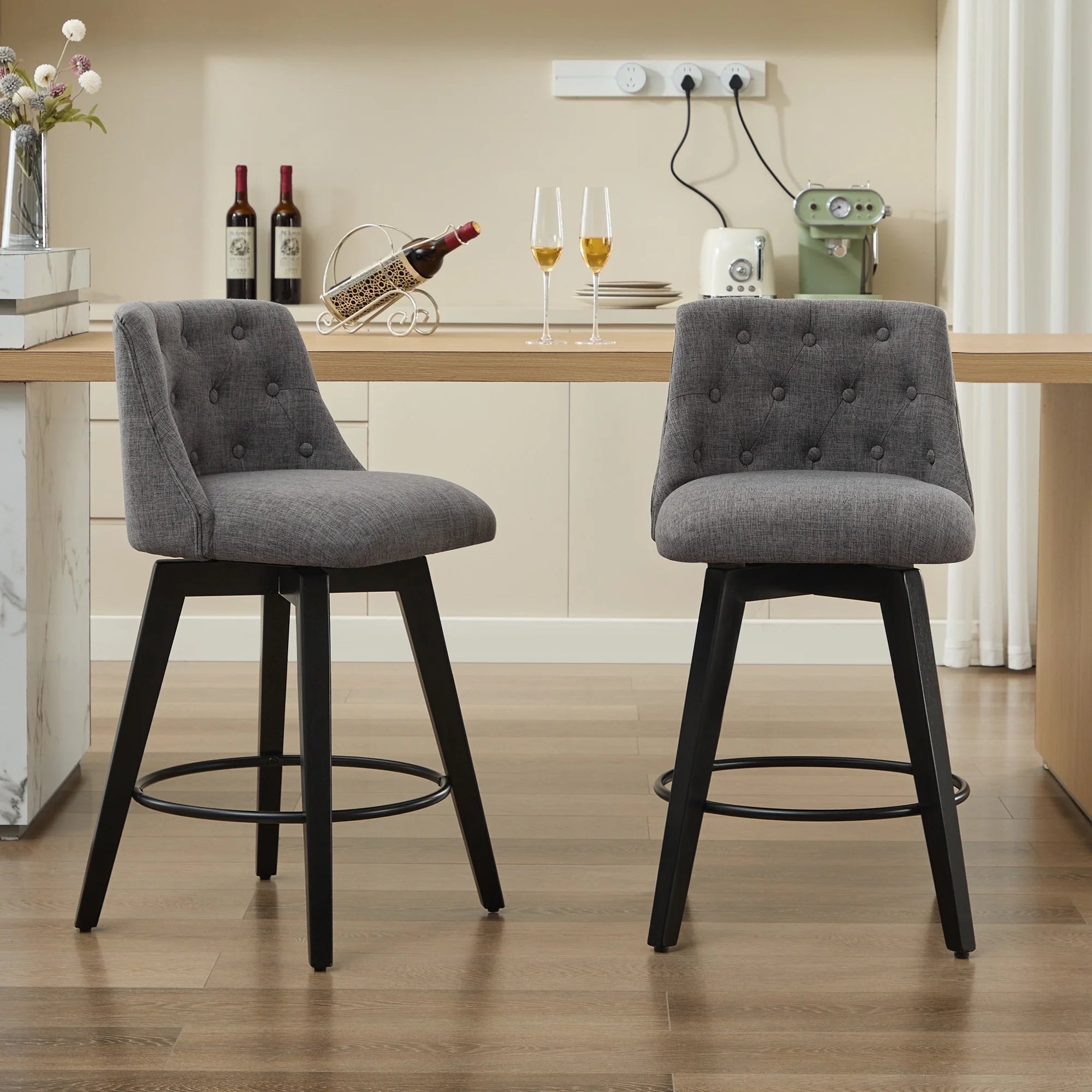 PAPROOS Swivel Bar Stools Set of 2, Modern Counter Height Stools with Linen Upholstery, Kitchen Barstools with Solid Wood Frame for Kitchen Island, White