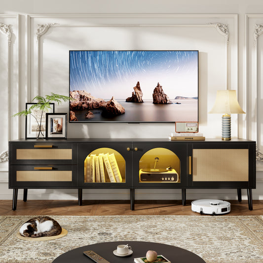 PAPROOS TV Stand for 75 Inch TV, Modern Farmhouse TV Cabinet with LED Light, Living Room Media Console Table with 3 Storage Cabinets and 2 Drawers, Entertainment Center for 70-80 Inches TV, Black