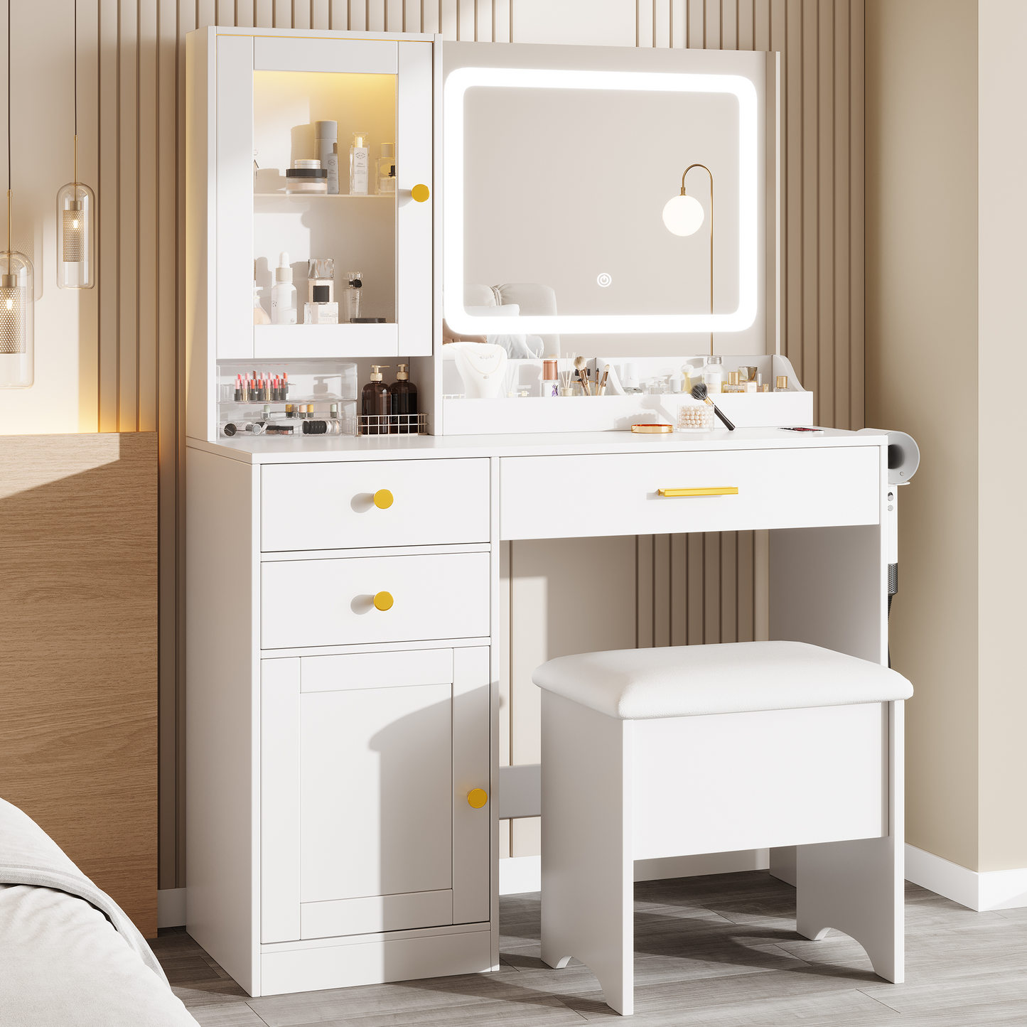 Vanity Desk with Mirror and LED Light, PAPROOS Makeup Vanity with Cabinet and 3 Drawers, Makeup Table with Anti-tipping Function, Upholstered Stool with storage, Shelves with Door, White