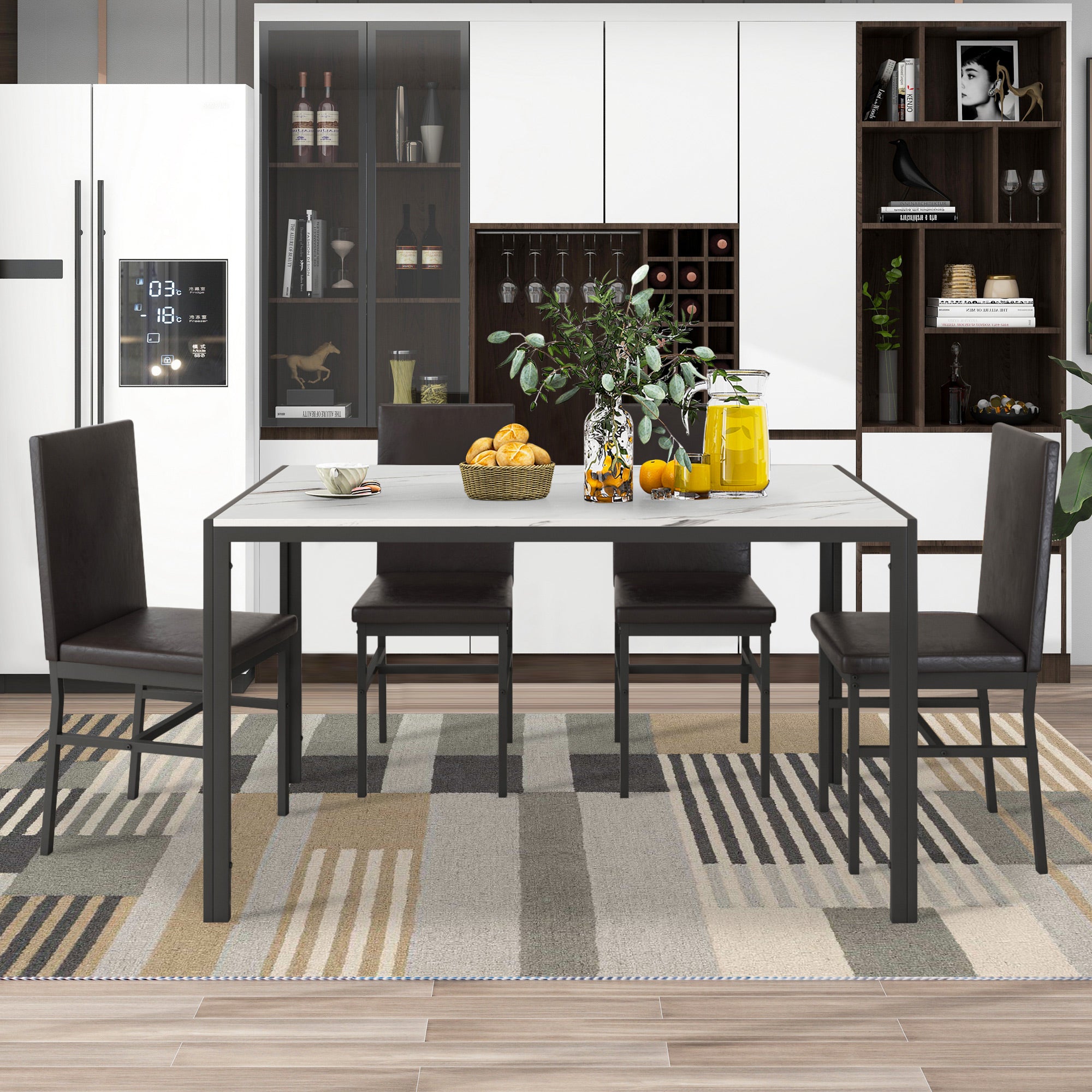 PAPROOS Dining Table Set for 4, Modern 5-Piece Kitchen Table Set with Marble Top and Faux Leather Upholstery Chairs