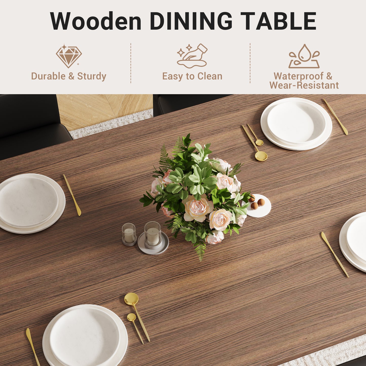 5 Piece Dining Table Set for 4, Paproos Wooden Dining Table and Chairs Set, Modern Kitchen Table Set with PU Leather Upholstered Chairs, Dining Room Table Set for Living Room Breakfast Nook