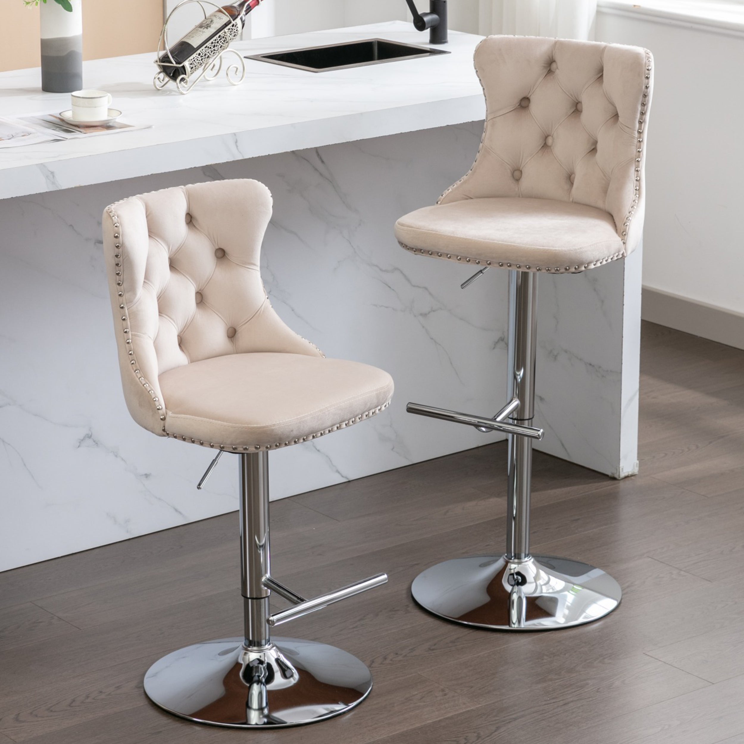 Swivel Bar Stools Set of 2, PAPROOS Adjustable Height Counter Height Bar Stools with Back, Velvet Dining Chair with Button Tufted & Nail Trim, Kitchen Chair for Kitchen Island Pub